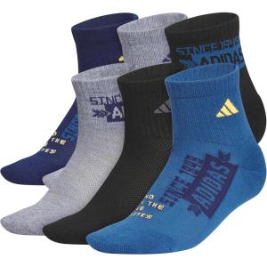 adidas Unisex Kid’s Quarter Ankle Socks for Boys and Girls Youth (6-Pack) Athletic Cushioned and Comfortable(Dark Blue/Heather Grey/Lucid Tangerine Orange/Graphic)