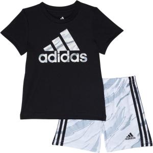 adidas boys Short Sleeve T-shirt and Printed Shorts 2-piece Set(Black)
