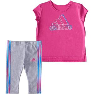adidas girls 2 Piece Cotton Tee 3-stripe Tight SetLeggings(Pink)