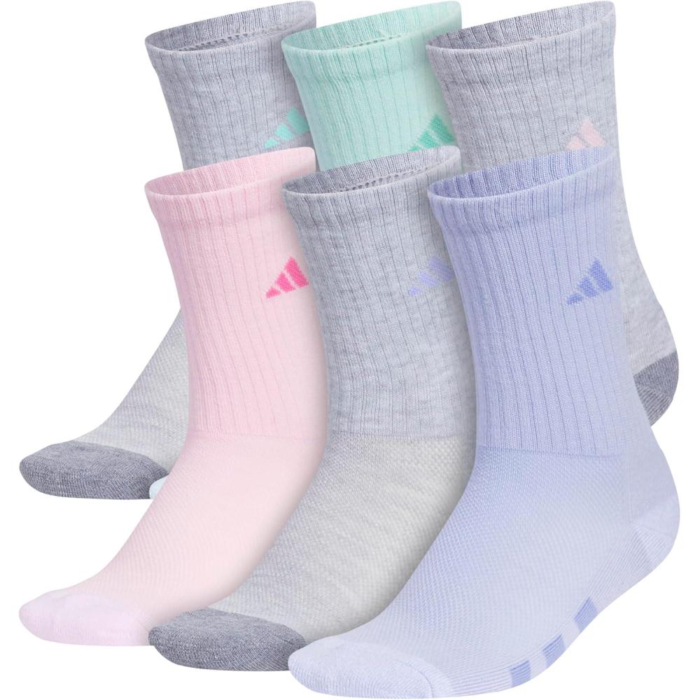 imageadidas Unisex Youth Athletic Cushioned 6Pack Crew Socks Kids for Sports Durable ampamp BreathableCool Light HeatherGreySemi Flash Aqua BlueGirls