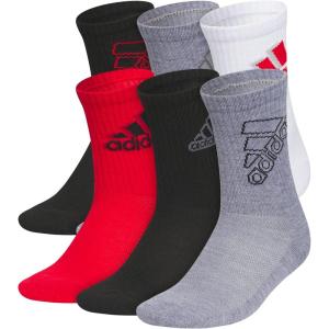 adidas Unisex Youth Athletic Cushioned 6-Pack, Crew Socks Kids for Sports, Durable & Breathable(Black/Better Scarlet/Heather Grey/Mix)
