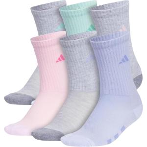 adidas Unisex Youth Athletic Cushioned 6-Pack, Crew Socks Kids for Sports, Durable & Breathable(Cool Light Heather/Grey/Semi Flash Aqua Blue/Girls)