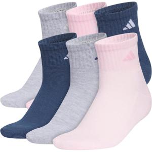 adidas Women’s Ankle Socks, Athletic Cushioned Quarter Fit, 6-Pack, Durable, Comfortable, Cooling, with Compression(Cool Light Heather/Clear Pink/Dark Blue)