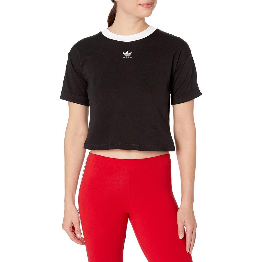 imageadidas Womens Adicolor Essentials Rib Cropped Crew Neck Short Sleeve Casual Tops Casual  BlackBlackWhite