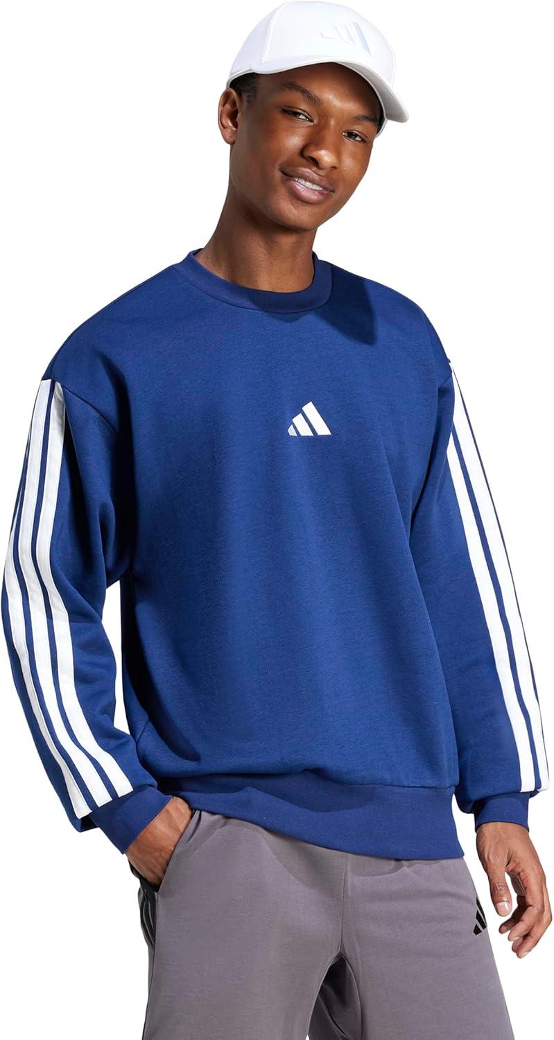 imageadidas Mens Essentials 3Stripes Fleece SweatshirtDark BlueWhite