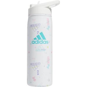 adidas 600 ML (20 oz) Straw Top Metal Water Bottle, Hot/Cold Double-Walled Insulated 18/8 Stainless Steel(Icon Brand Love White/White/Flash Aqua Blue)