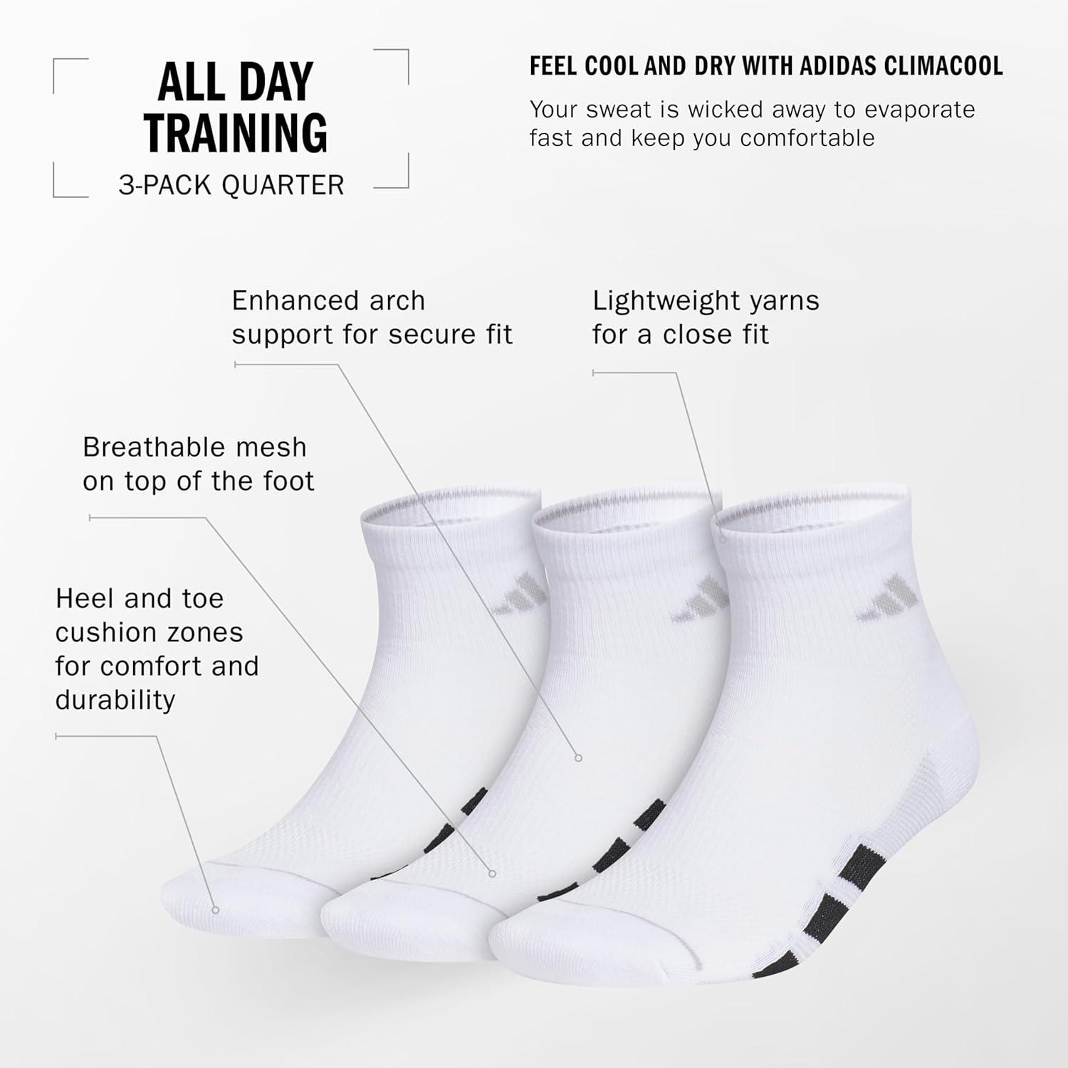 imageadidas Mens All Day Training Quarter Socks sports performance above the ankle height with cushioning for running 3PairTrue PinkBlackWhite