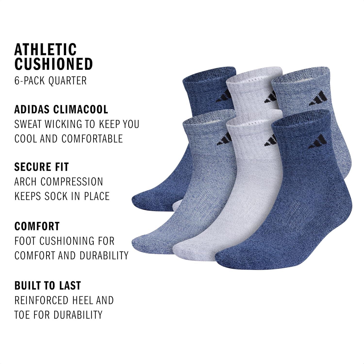 imageadidas Mens Athletic Cushioned 6Pack Quarter Athletic Cushioned Quarter Ankle Socks for Men with Arch SupportTech Indigo BlueGreyCollegiate Navy