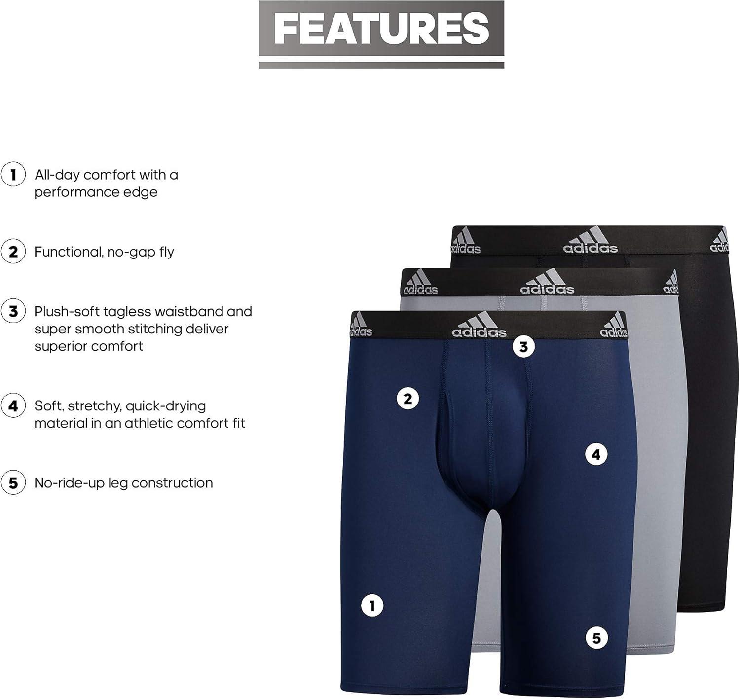 imageadidas Mens Performance 3Pack Long Boxer Brief Underwear Boxer Briefs 3Pack Long Mens Underwear PackBlackGreyCollegiate NavyPerformance