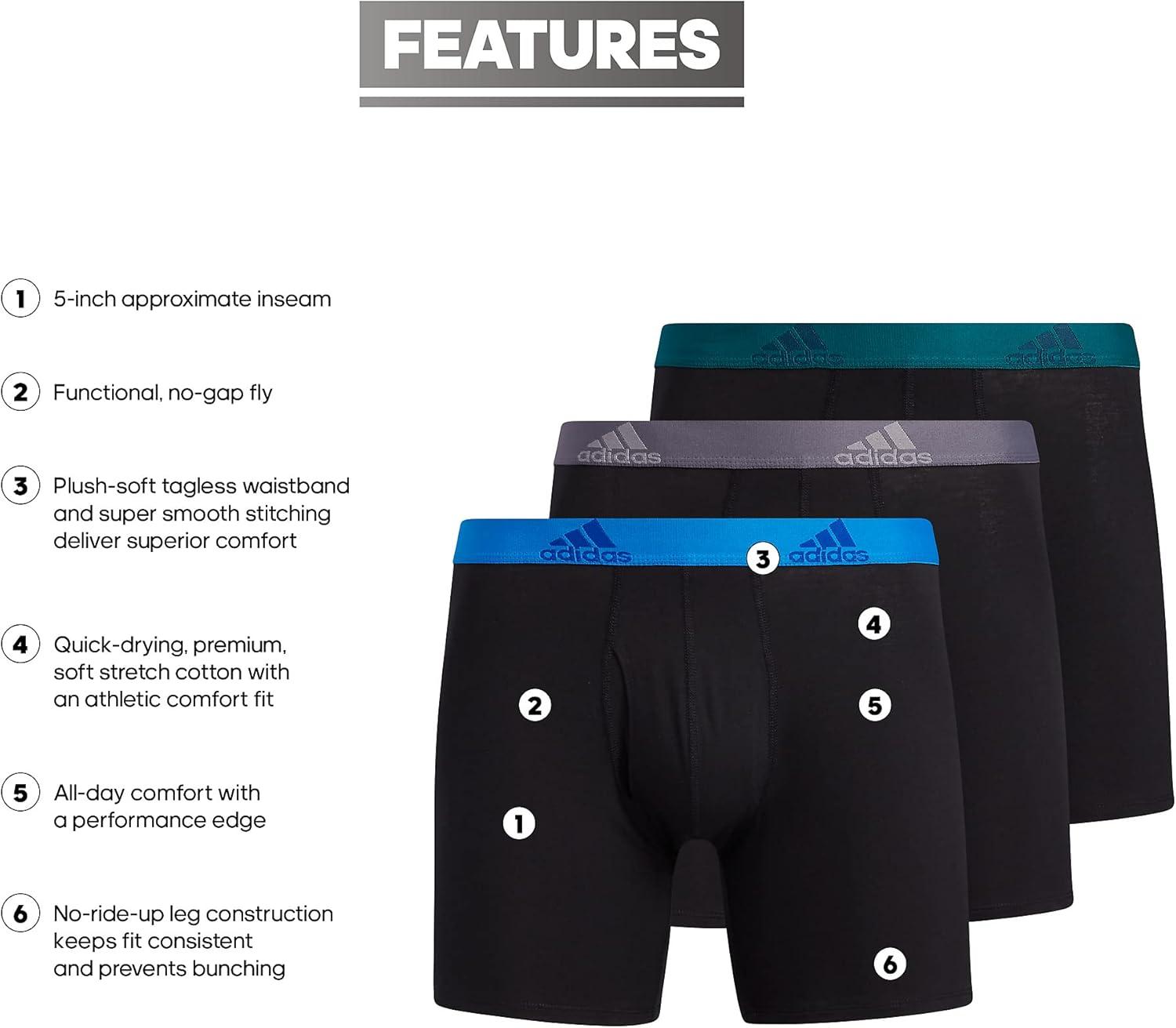 imageadidas Mens Performance Stretch Cotton Boxer Briefs 3Pack Soft Underwear Superior ComfortBlackBlue RushLegacy Teal Green