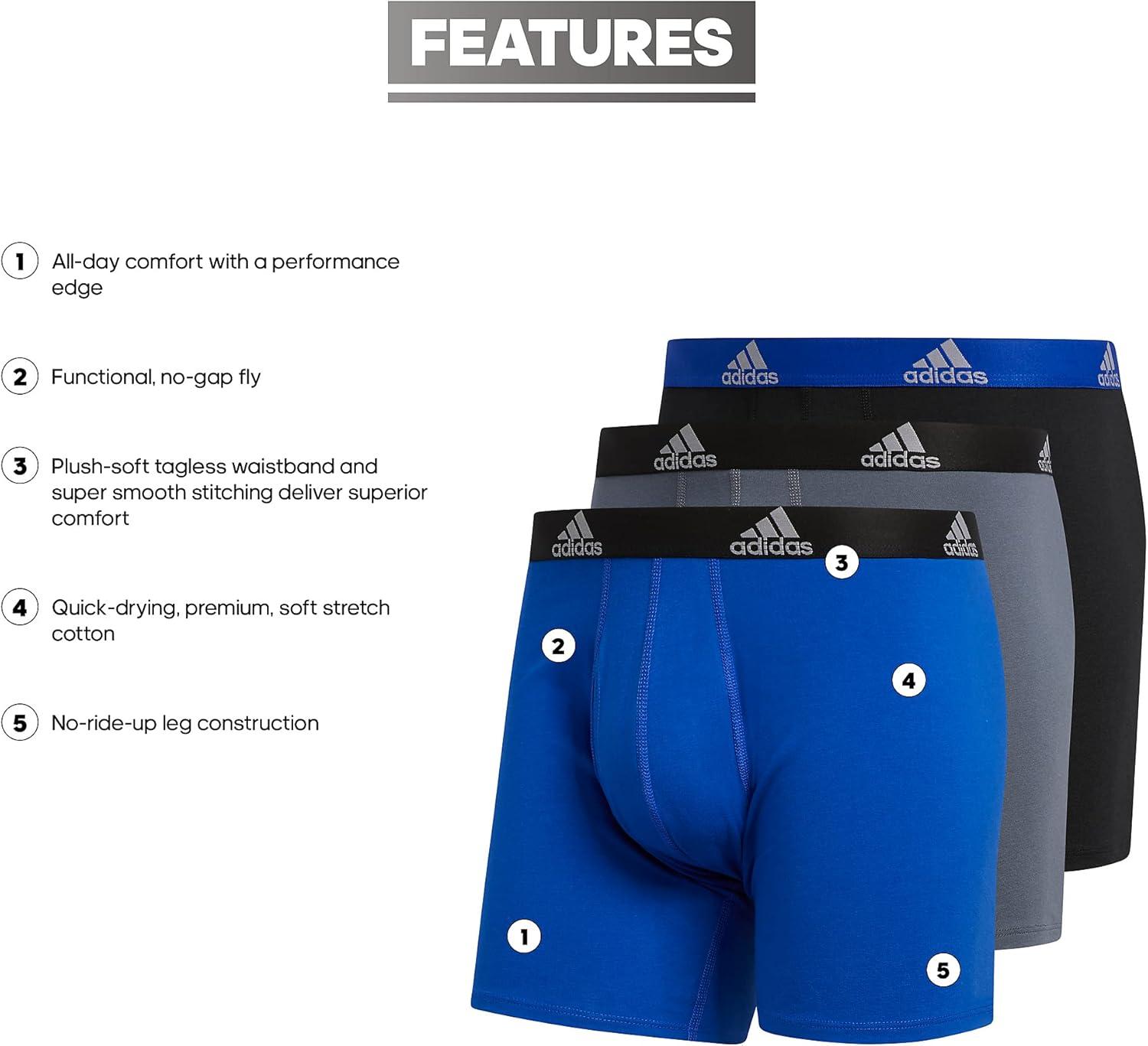 imageadidas Mens Performance Stretch Cotton Boxer Briefs 3Pack Soft Underwear Superior ComfortBlue