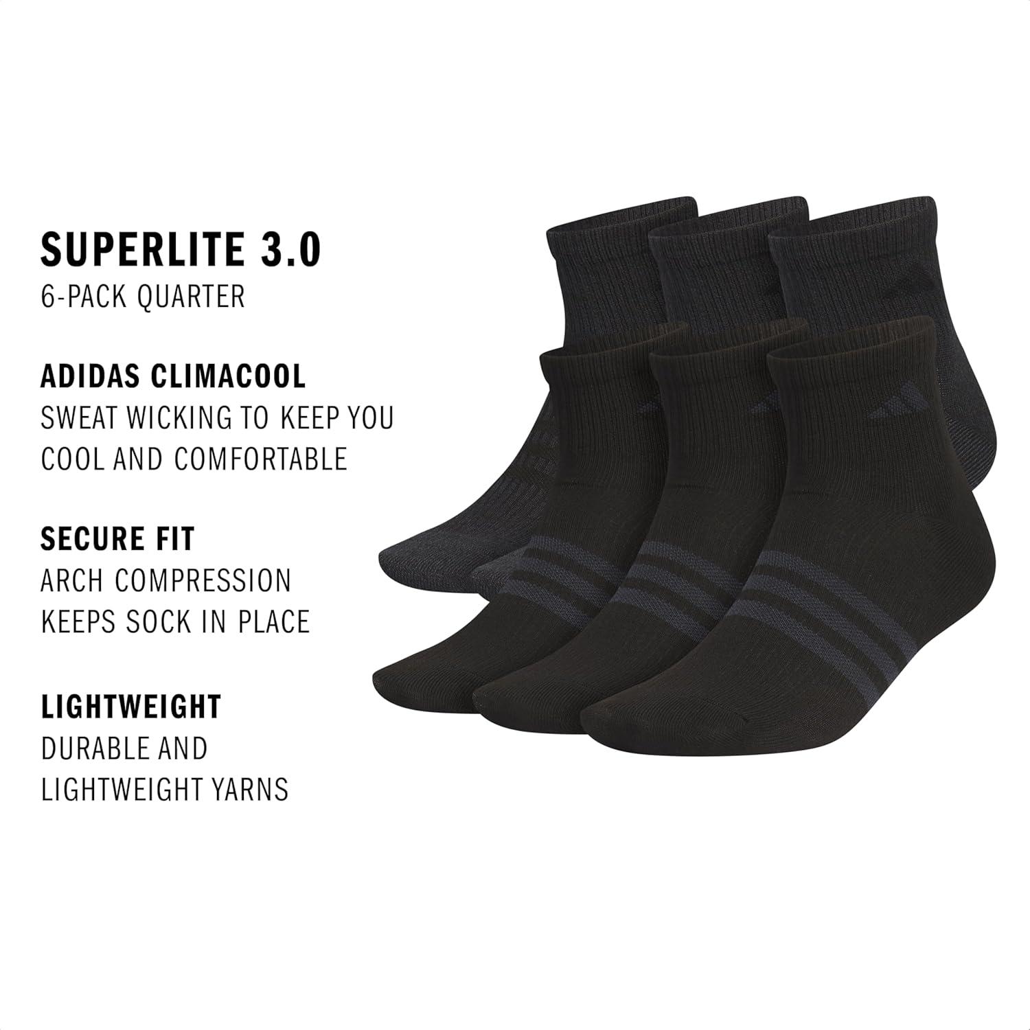 imageadidas Mens Superlite Quarter Socks 6Pack Durable Lightweight Athletic Breathable with Compression Arch SupportBlackNight Grey