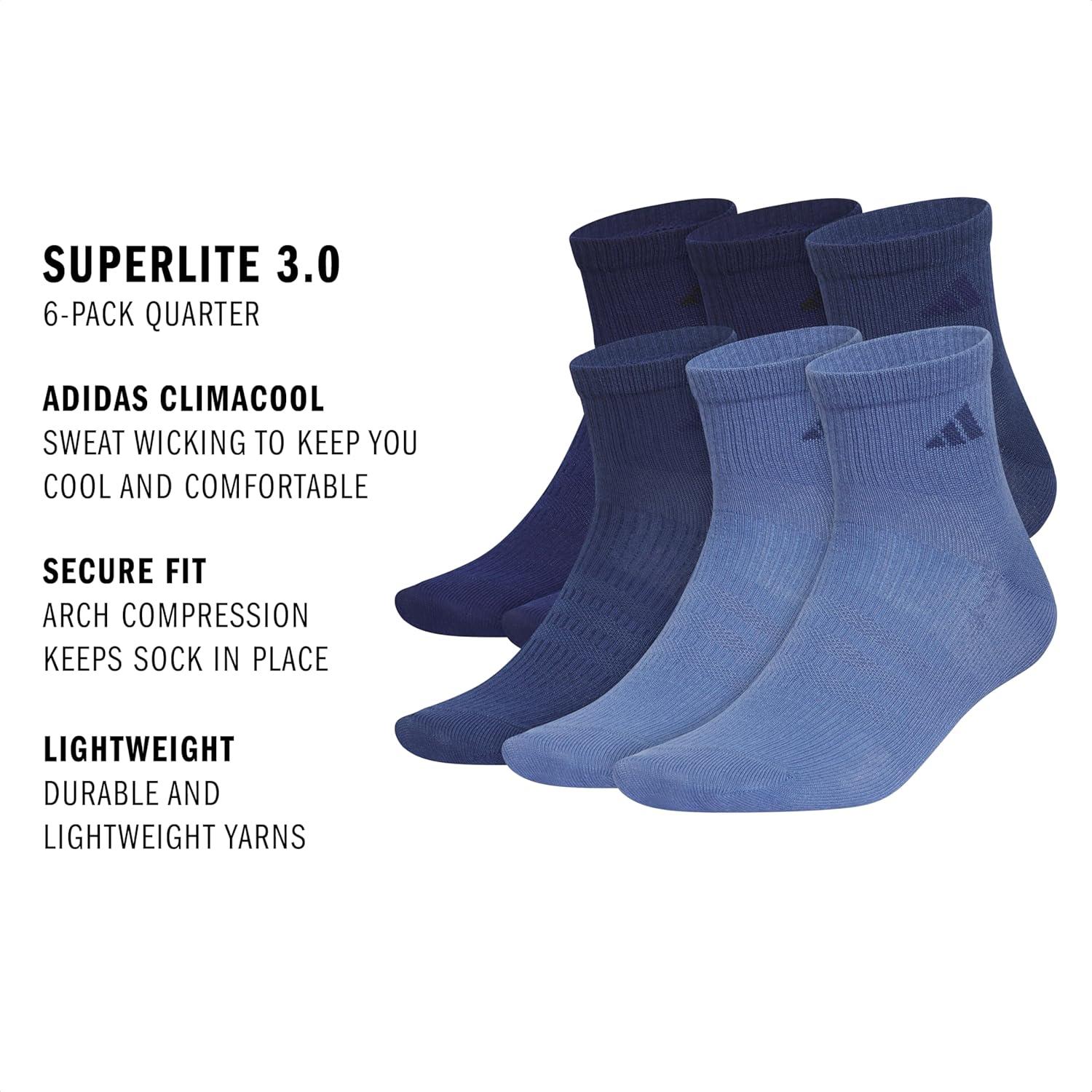 imageadidas Mens Superlite Quarter Socks 6Pack Durable Lightweight Athletic Breathable with Compression Arch SupportDark BlueTech Indigo BlueCrew Blue