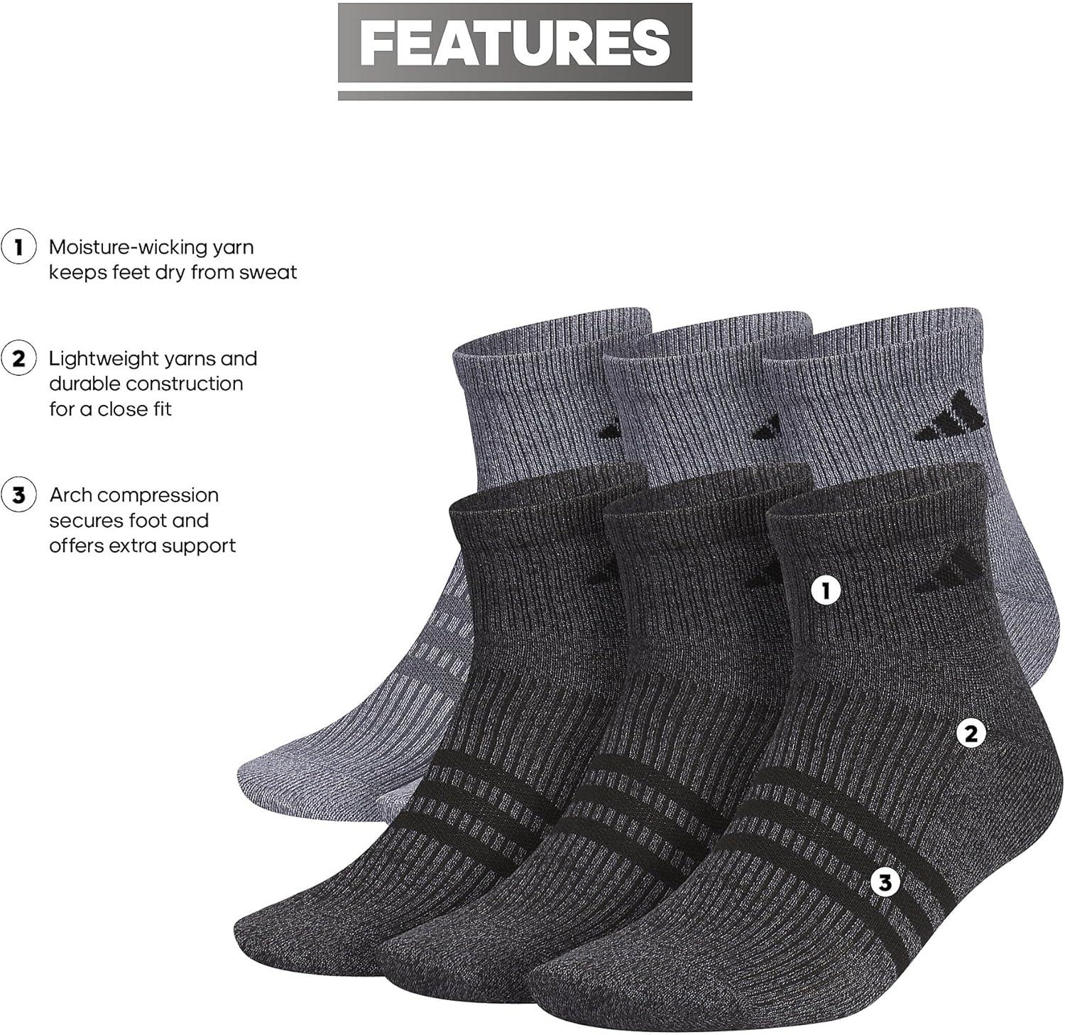 imageadidas Mens Superlite Quarter Socks 6Pack Durable Lightweight Athletic Breathable with Compression Arch SupportOnix GreyBlack