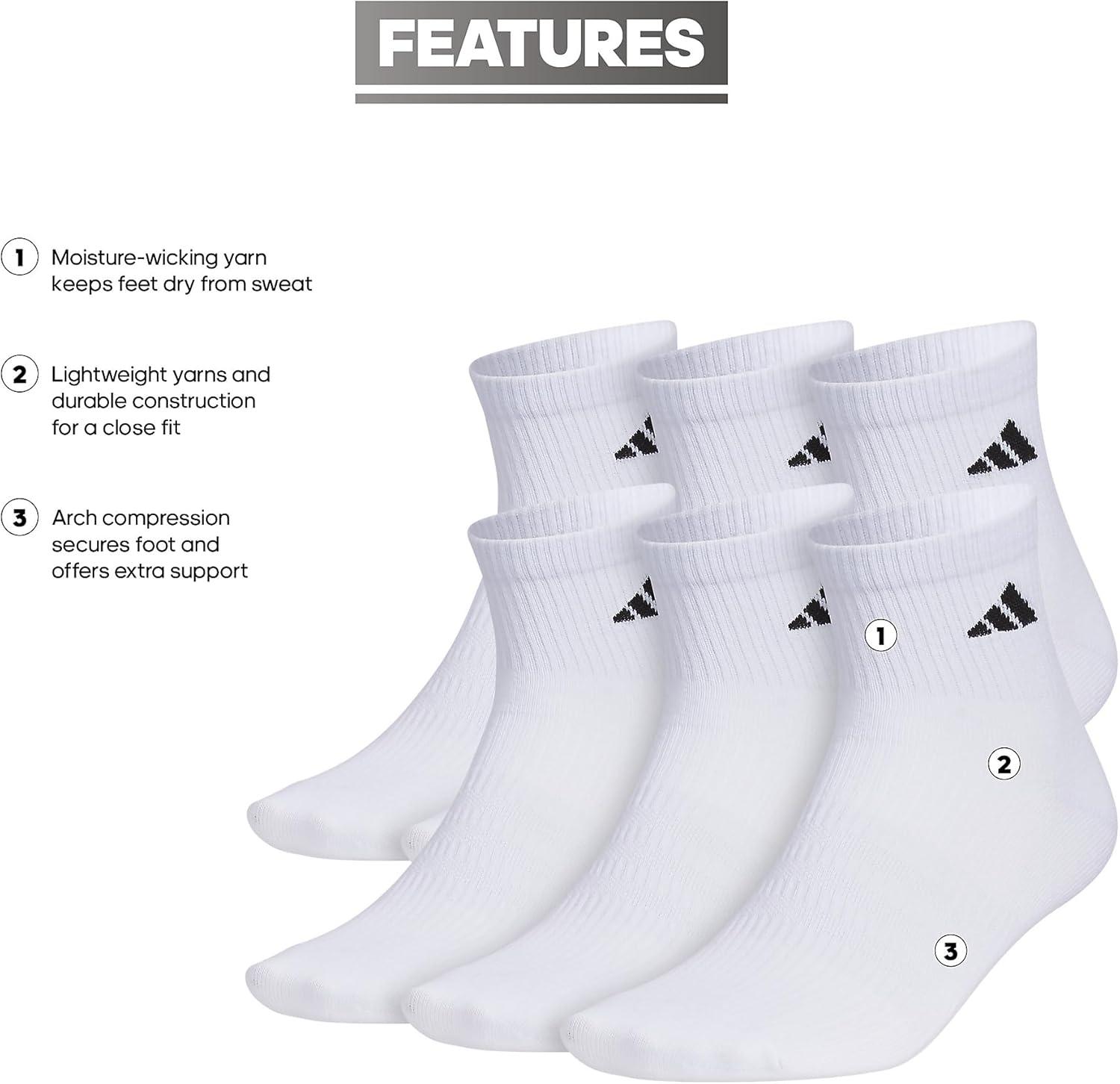 imageadidas Mens Superlite Quarter Socks 6Pack Durable Lightweight Athletic Breathable with Compression Arch SupportWhiteBlack