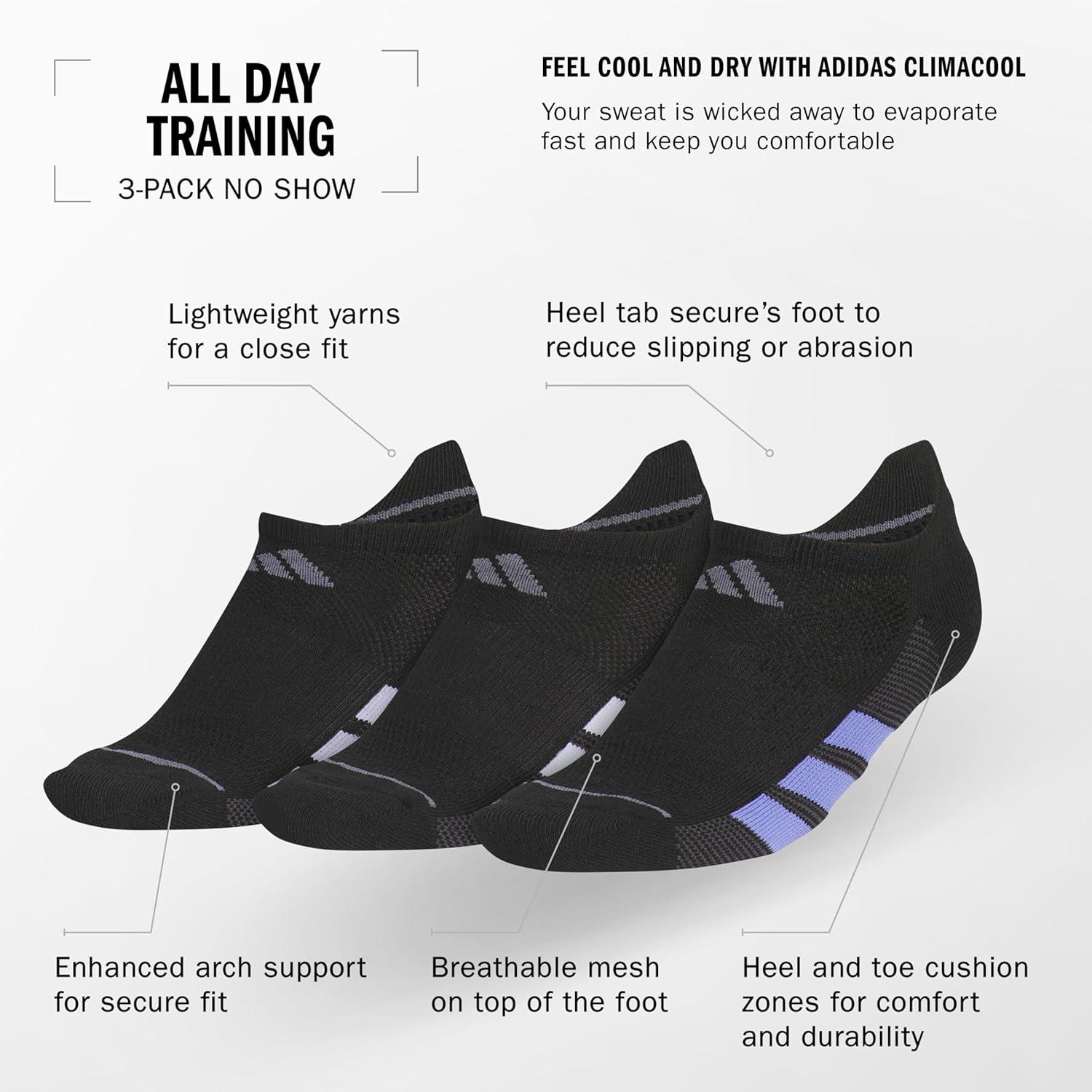 imageadidas Womens All Day Training No Show Socks 3Pair athletic performance below ankle height running socksBlackViolet Tone PurpleWhite
