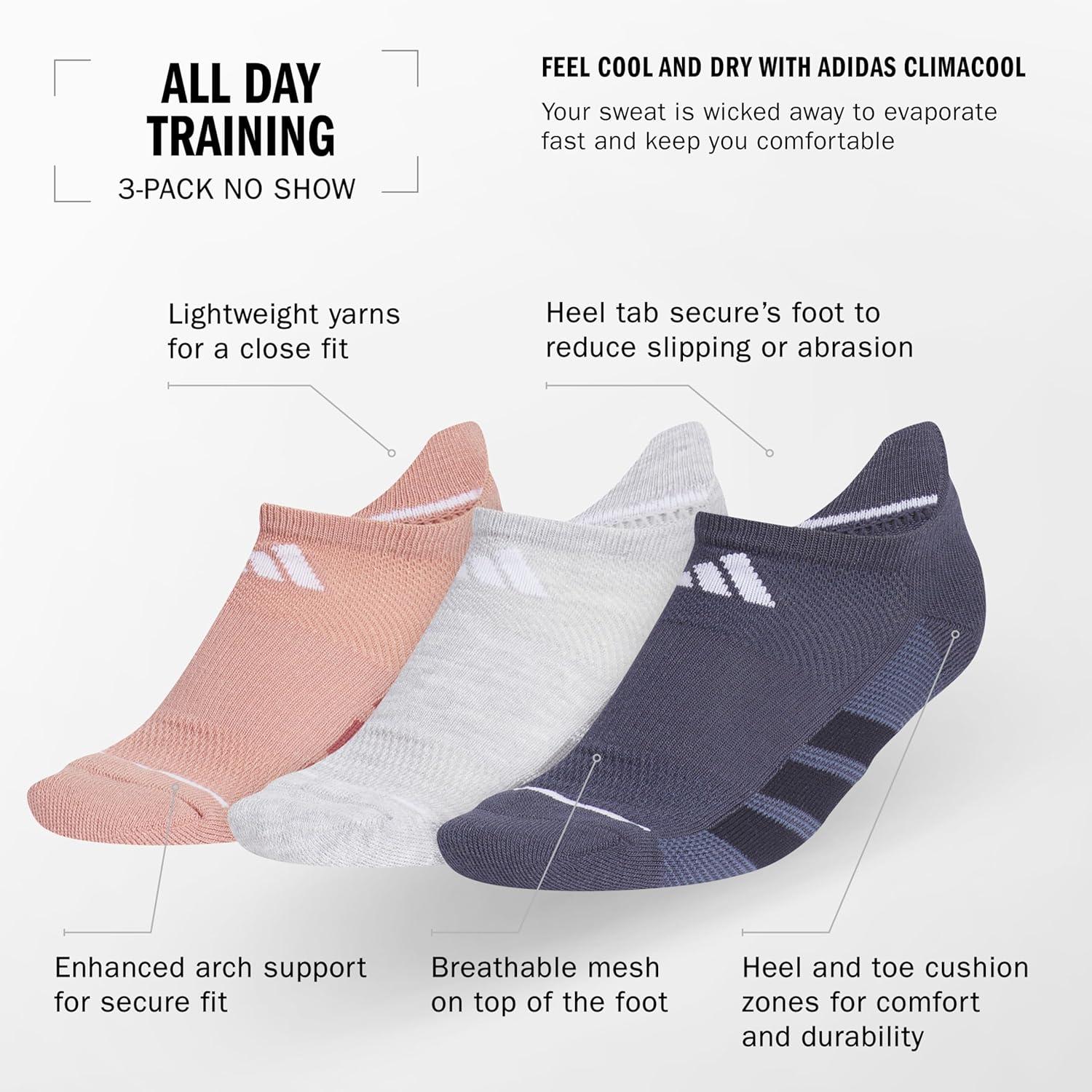 imageadidas Womens All Day Training No Show Socks 3Pair athletic performance below ankle height running socksWarm Clay PinkCool Light HeatherShadow Navy