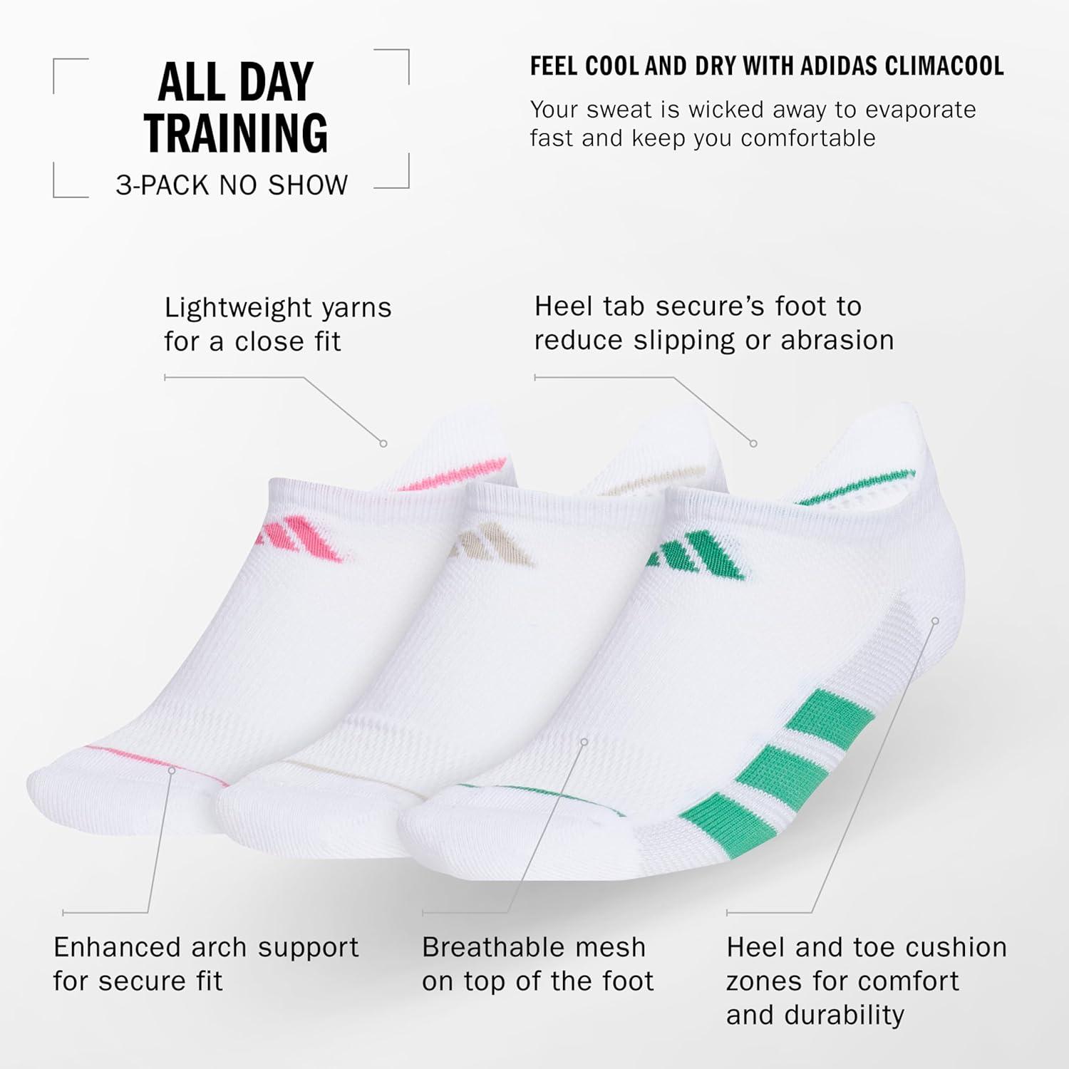 imageadidas Womens All Day Training No Show Socks 3Pair athletic performance below ankle height running socksWhitePink FusionWonder Alumina Grey