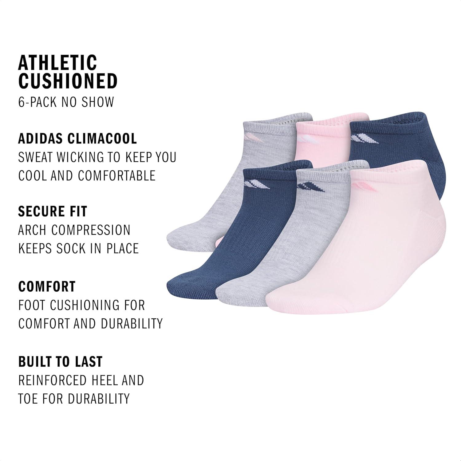 imageadidas Womens Athletic Cushioned 6Pack No Show Socks  No Show Socks for Secure Fit Cushioned Comfort Low ProfileCool Light HeatherClear PinkDark Blue
