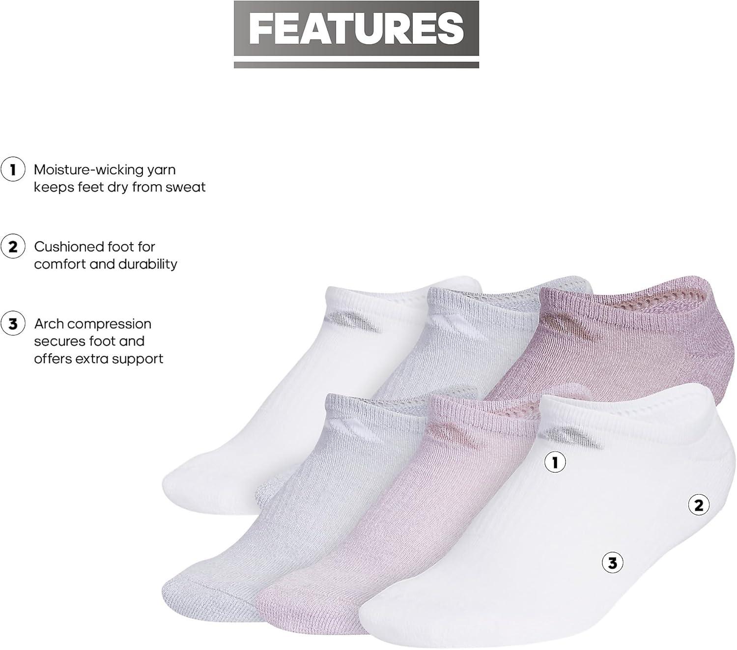 imageadidas Womens Athletic Cushioned 6Pack No Show Socks  No Show Socks for Secure Fit Cushioned Comfort Low ProfilePreloved Fig PurpleClear Onix GreyWhite