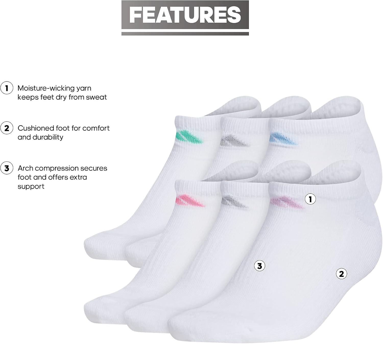 imageadidas Womens Athletic Cushioned 6Pack No Show Socks  No Show Socks for Secure Fit Cushioned Comfort Low ProfileWhiteClear Sky BlueBliss Lilac Purple