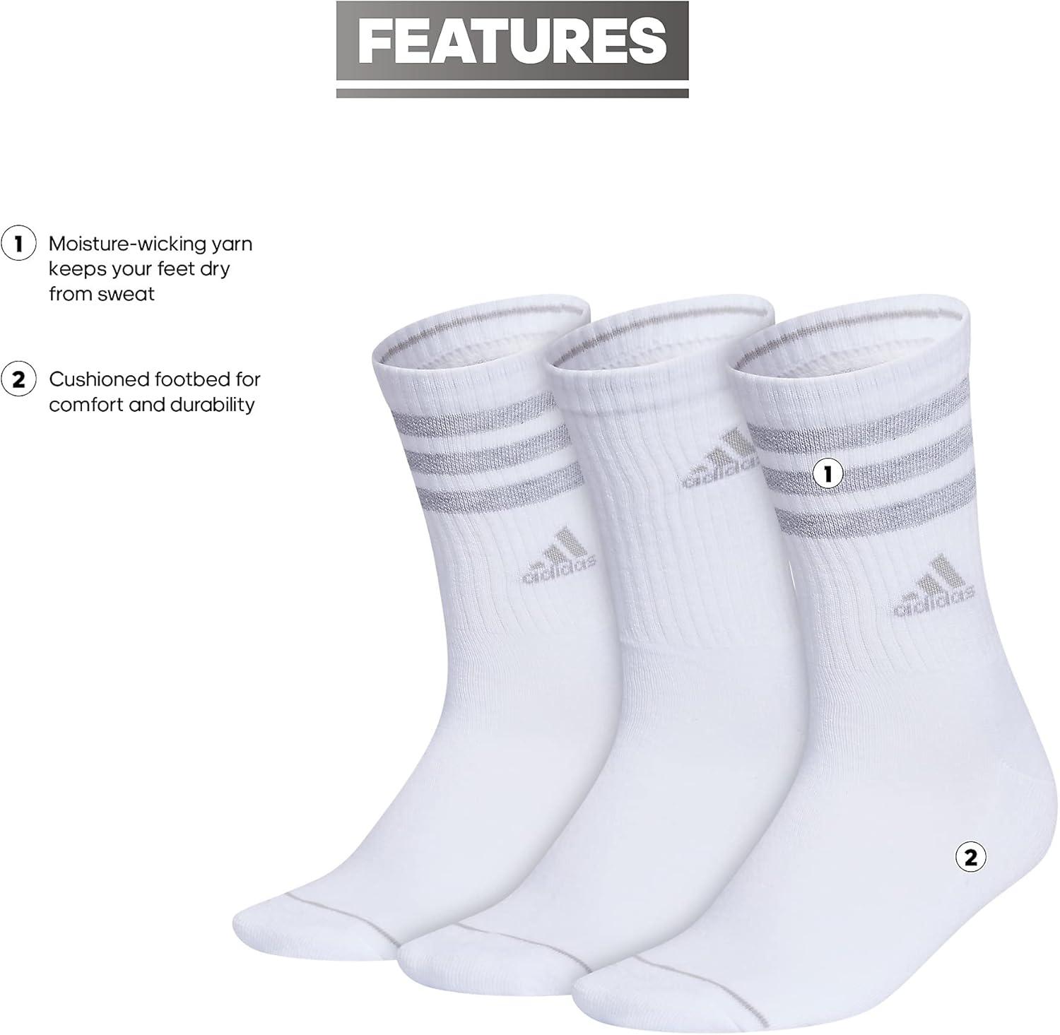 imageadidas Womens Crew Socks with Arch Compression 3Pack Comfortable SweatWicking Stylish 3StripeWhiteClear Onix Grey