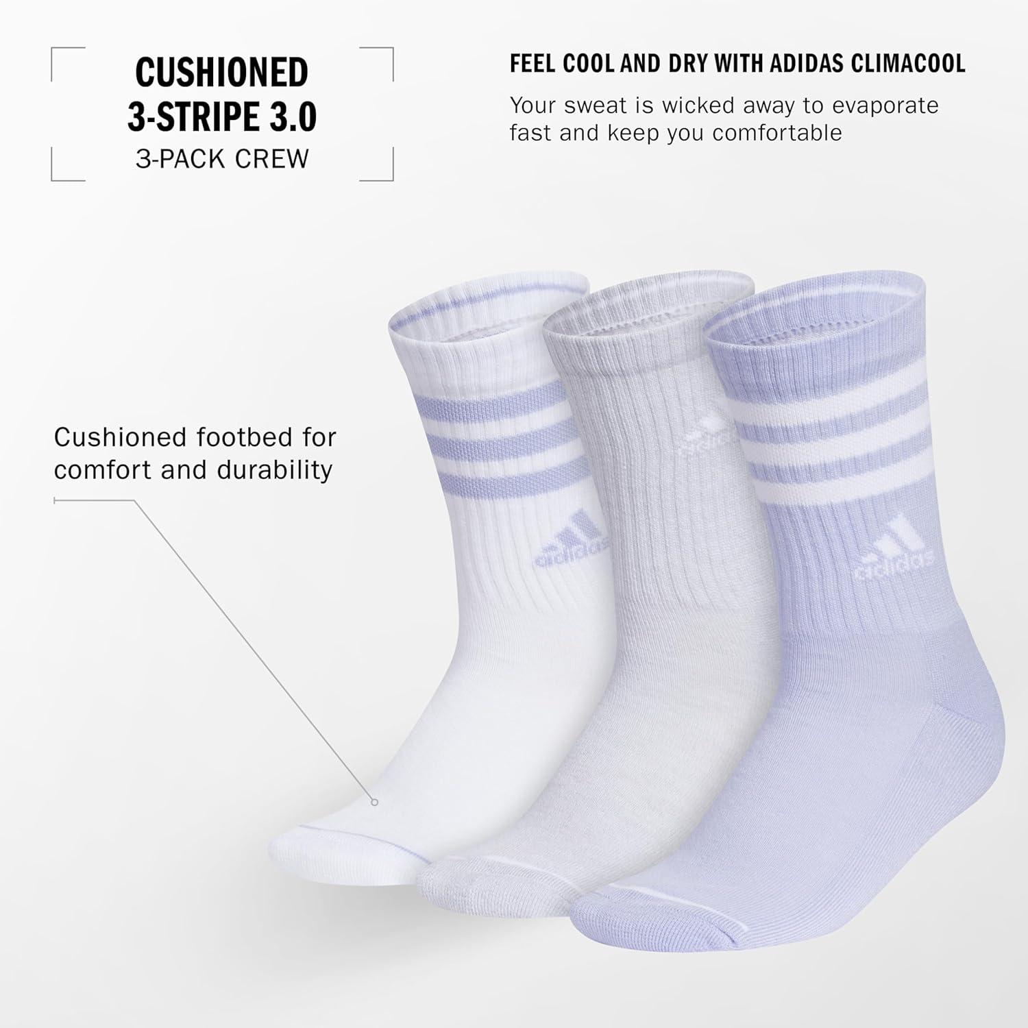 imageadidas Womens Crew Socks with Arch Compression 3Pack Comfortable SweatWicking Stylish 3StripeWhiteClear Onix GreyViolet Tone Purple