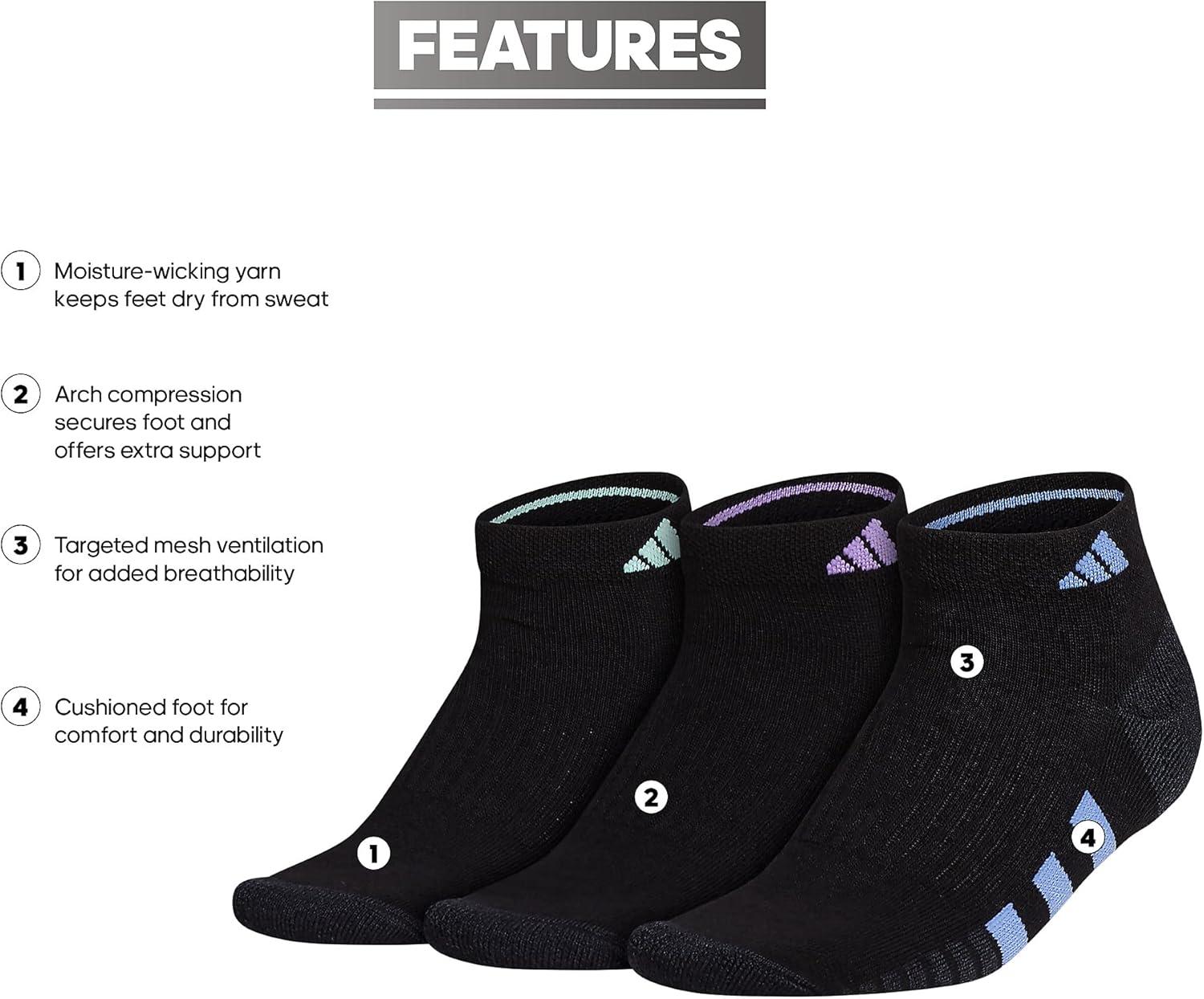 imageadidas Womens Cushioned Low Cut Socks with Arch Compression 3 PairsBlackBlue FusionViolet Fusion Purple
