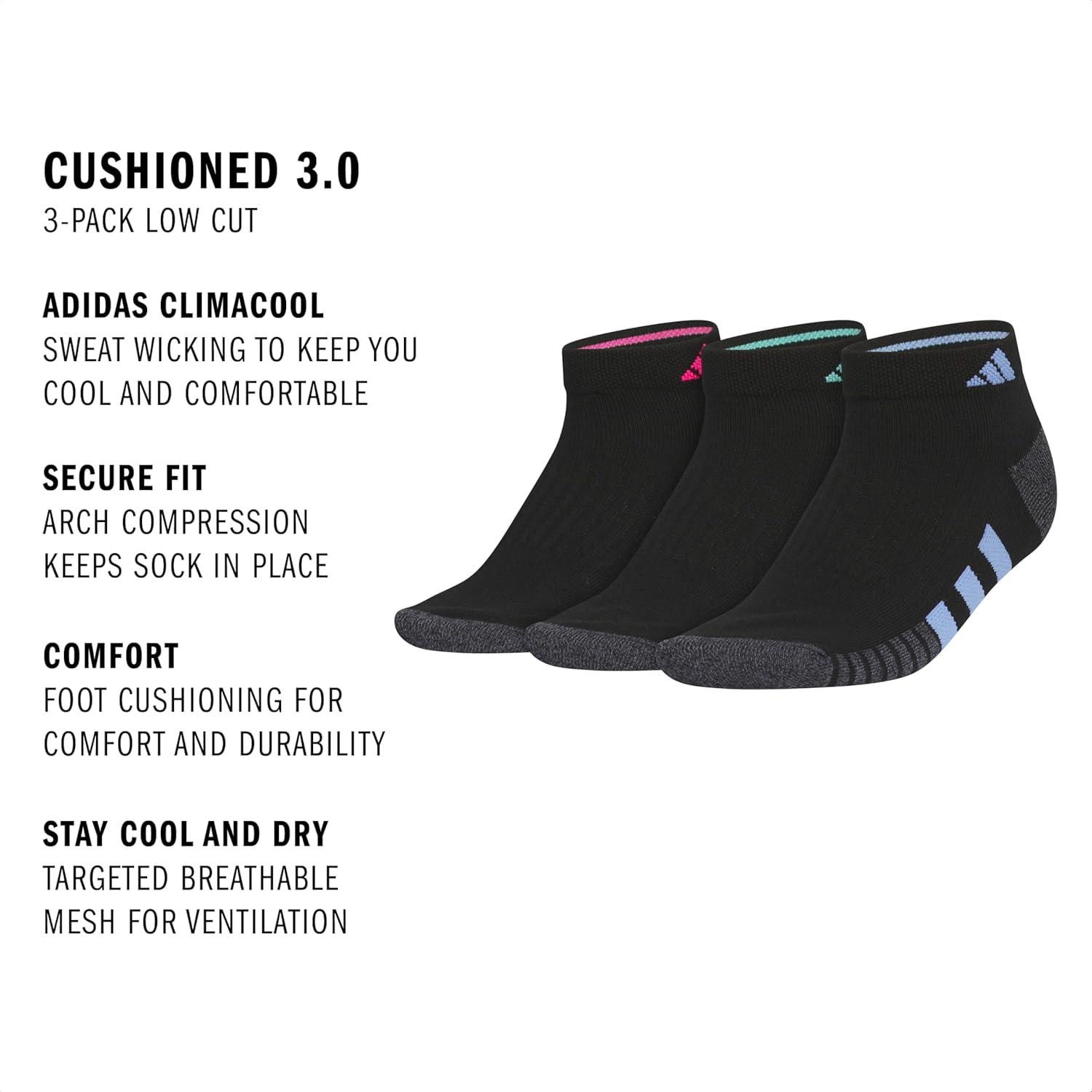 imageadidas Womens Cushioned Low Cut Socks with Arch Compression 3 PairsBlackOnix GreyShock Pink