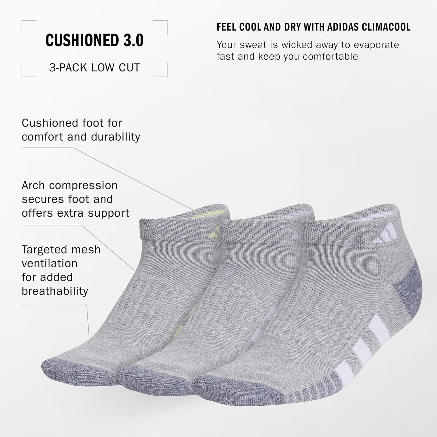 imageadidas Womens Cushioned Low Cut Socks with Arch Compression 3 PairsCool Light HeatherPowder YellowViolet Tone Purple