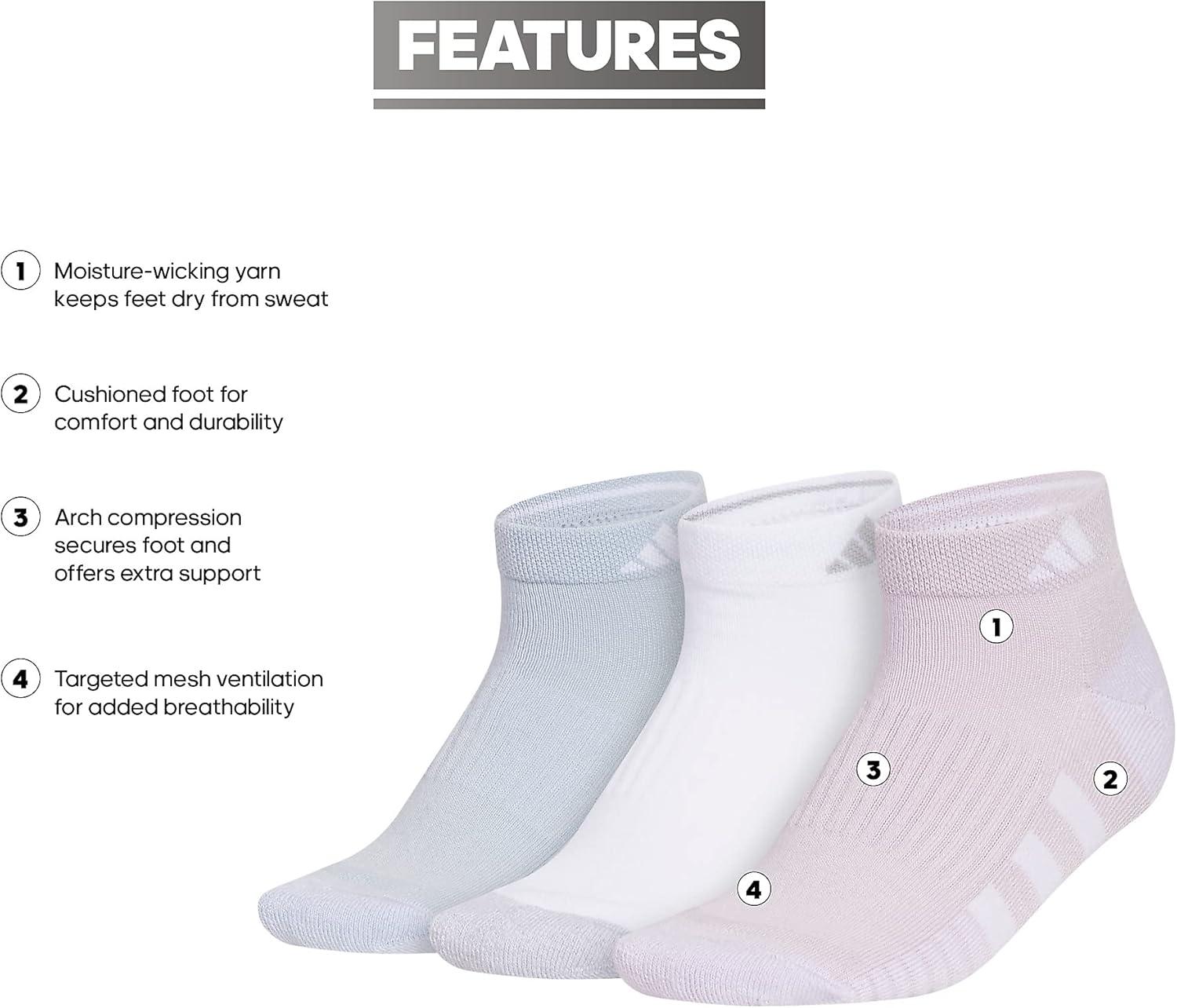 imageadidas Womens Cushioned Low Cut Socks with Arch Compression 3 PairsSilver Dawn GreyWhiteWonder Blue