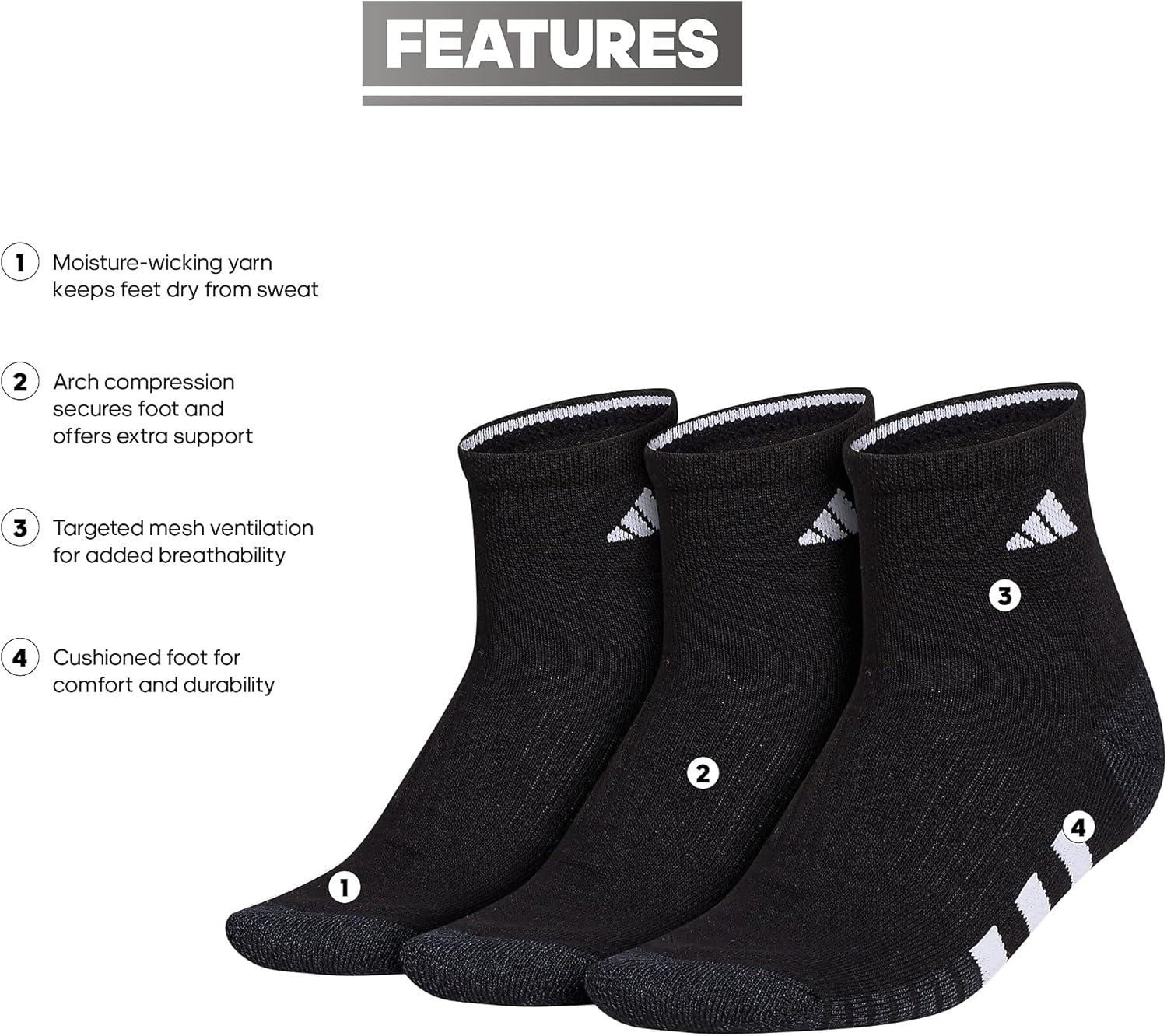 imageadidas Womens Cushioned Quarter Socks 3Pair with Arch CompressionBlackNight GreyWhite