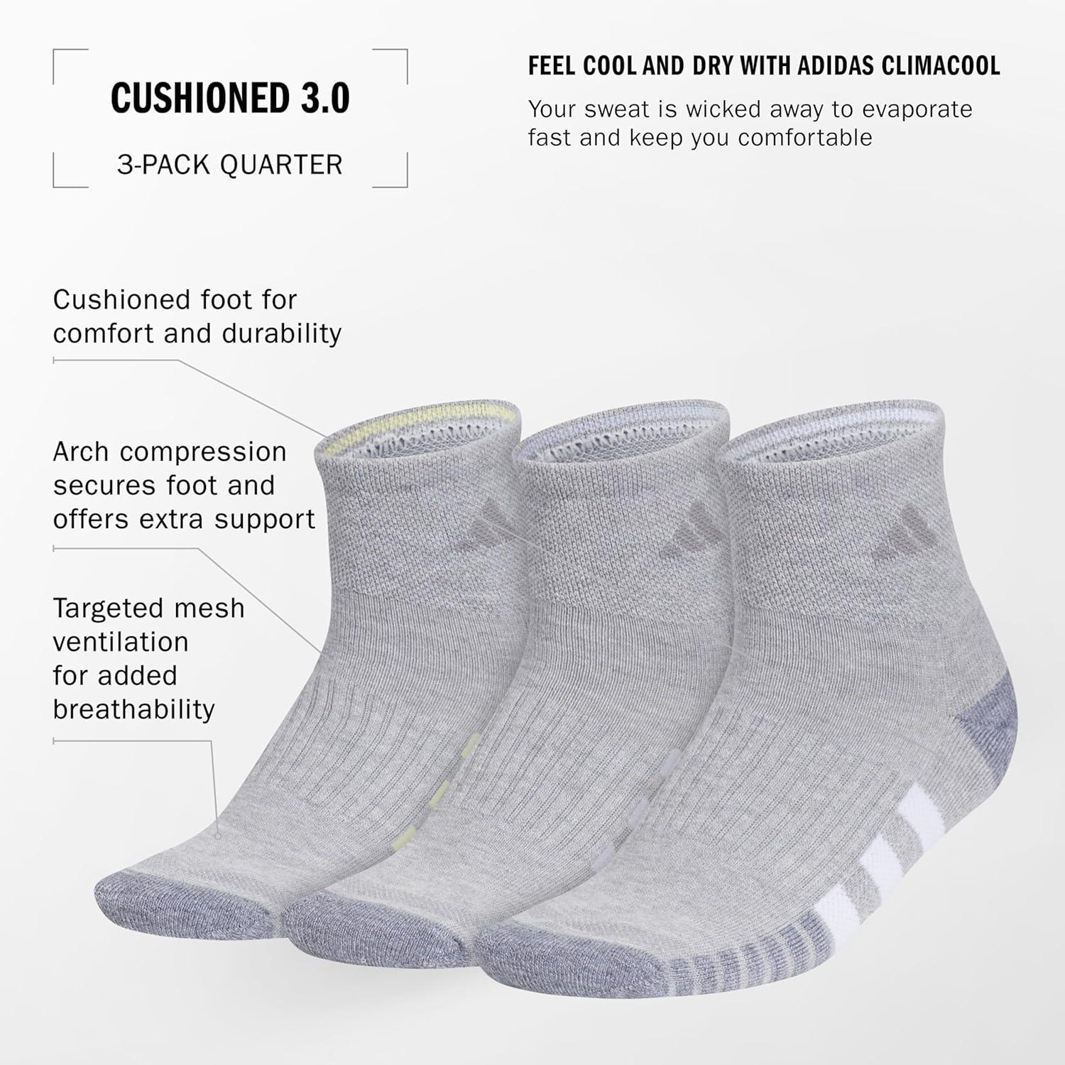 imageadidas Womens Cushioned Quarter Socks 3Pair with Arch CompressionCool Light HeatherPowder YellowViolet Tone Purple