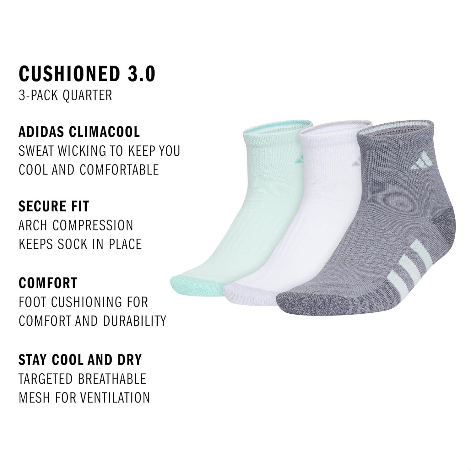 imageadidas Womens Cushioned Quarter Socks 3Pair with Arch CompressionHalo Mint GreenWhiteGrey