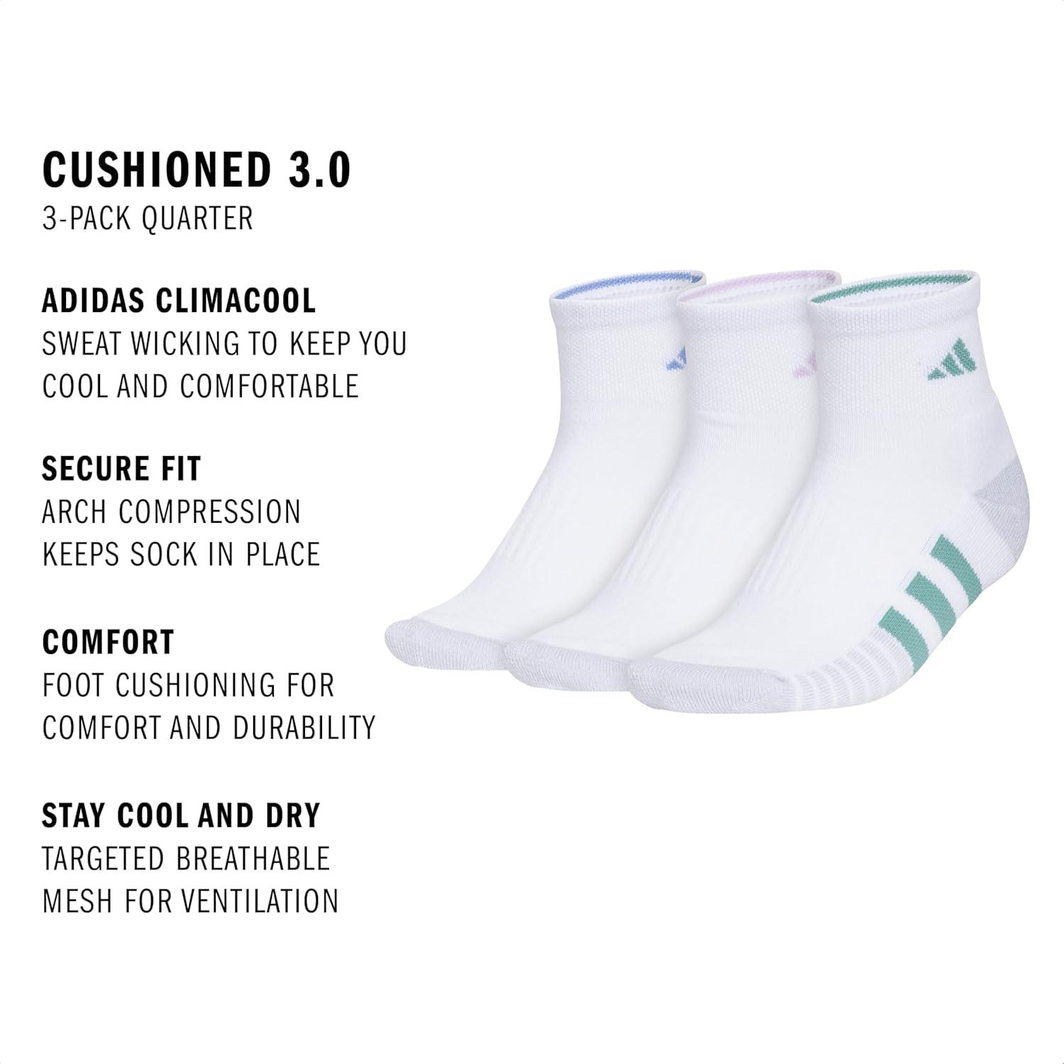 imageadidas Womens Cushioned Quarter Socks 3Pair with Arch CompressionWhiteBlue FusionPowder Teal Green