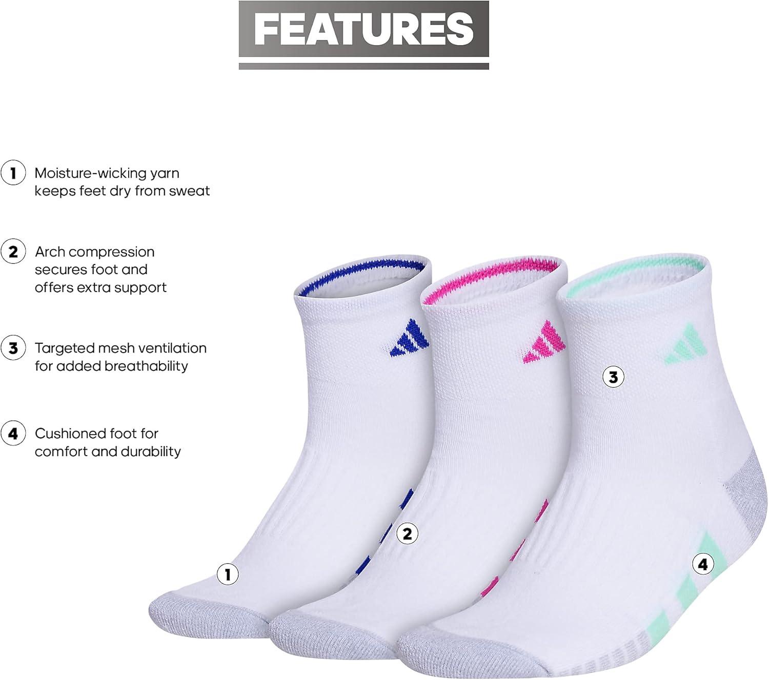 imageadidas Womens Cushioned Quarter Socks 3Pair with Arch CompressionWhitePulse Mint GreenLucid Fuchsia Pink