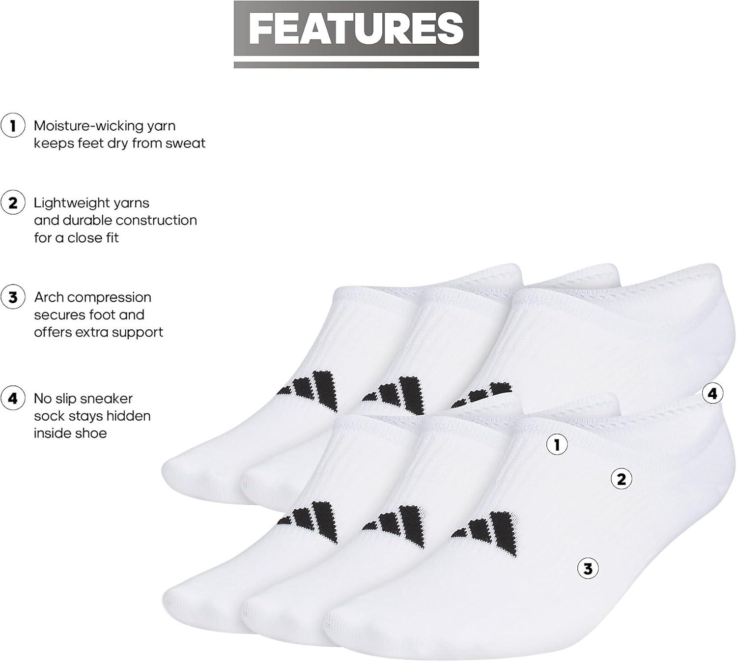 imageadidas mens Superlite 30 Super No Show Socks 6pair Ultra Lowprofile Arch Compression for Secure FitWhiteBlack