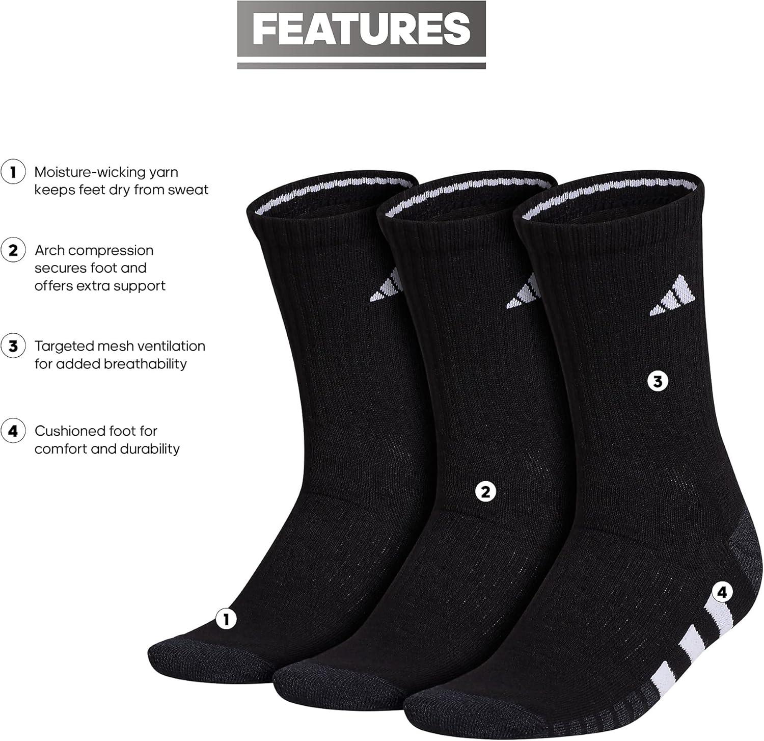 imageadidas womens Cushioned Crew Socks 3pair With Arch CompressionBlackNight GreyWhite