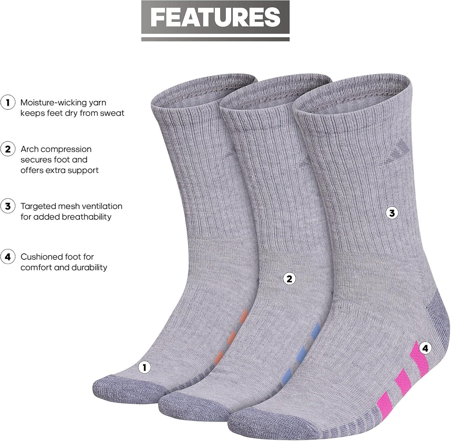 imageadidas womens Cushioned Crew Socks 3pair With Arch CompressionCool Light HeatherLucid Fuchsia PinkBlue Fusion