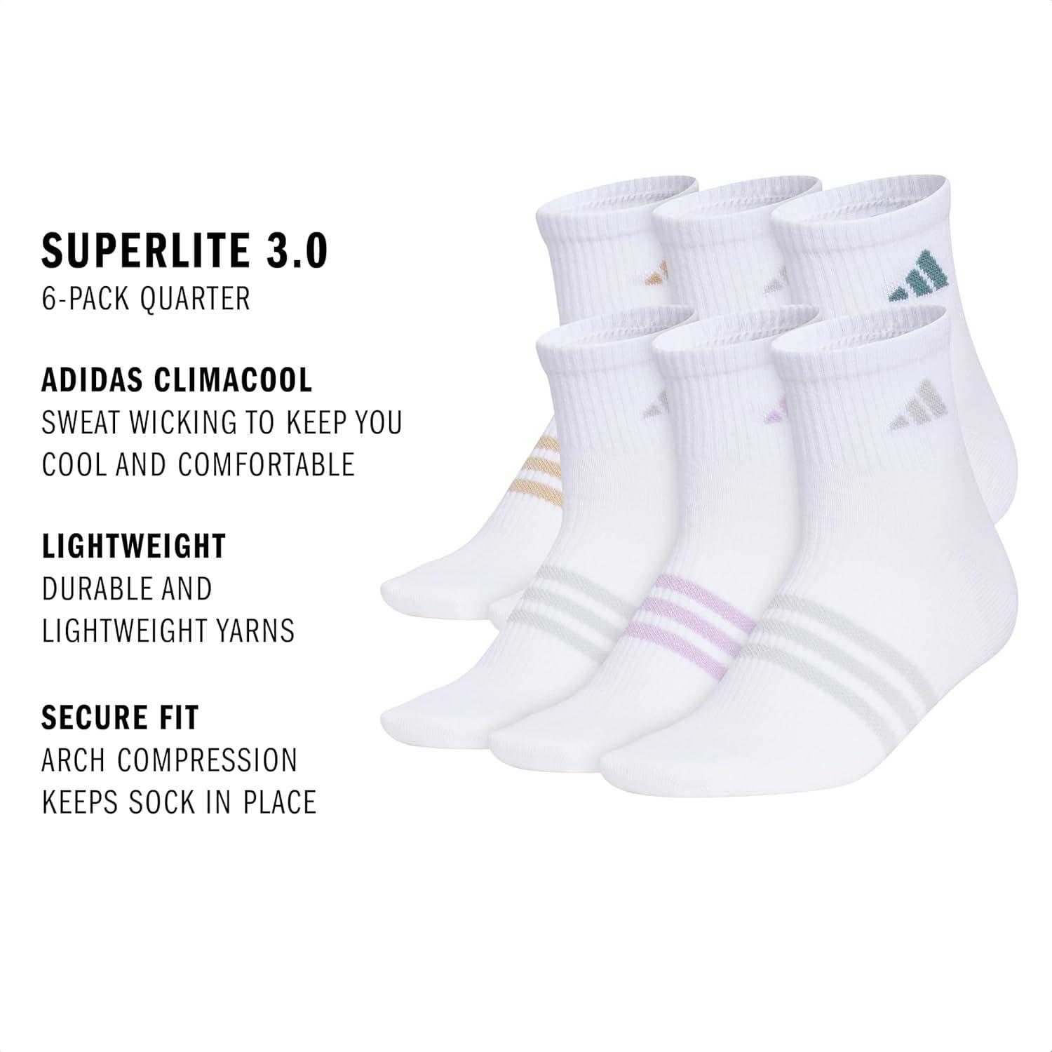 imageadidas womens Superlite Quarter Ankle Socks 6pair PackWhiteWarm Sandstone BeigePreloved Teal Green