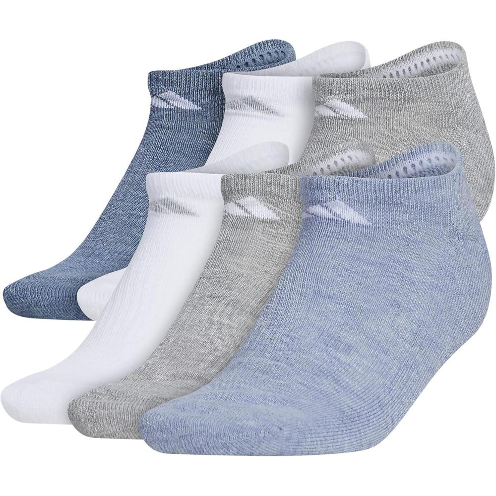 imageadidas Womens Athletic Cushioned 6Pack No Show Socks  No Show Socks for Secure Fit Cushioned Comfort Low ProfileHeather GreyWashed Denim Blue HeatherWhite