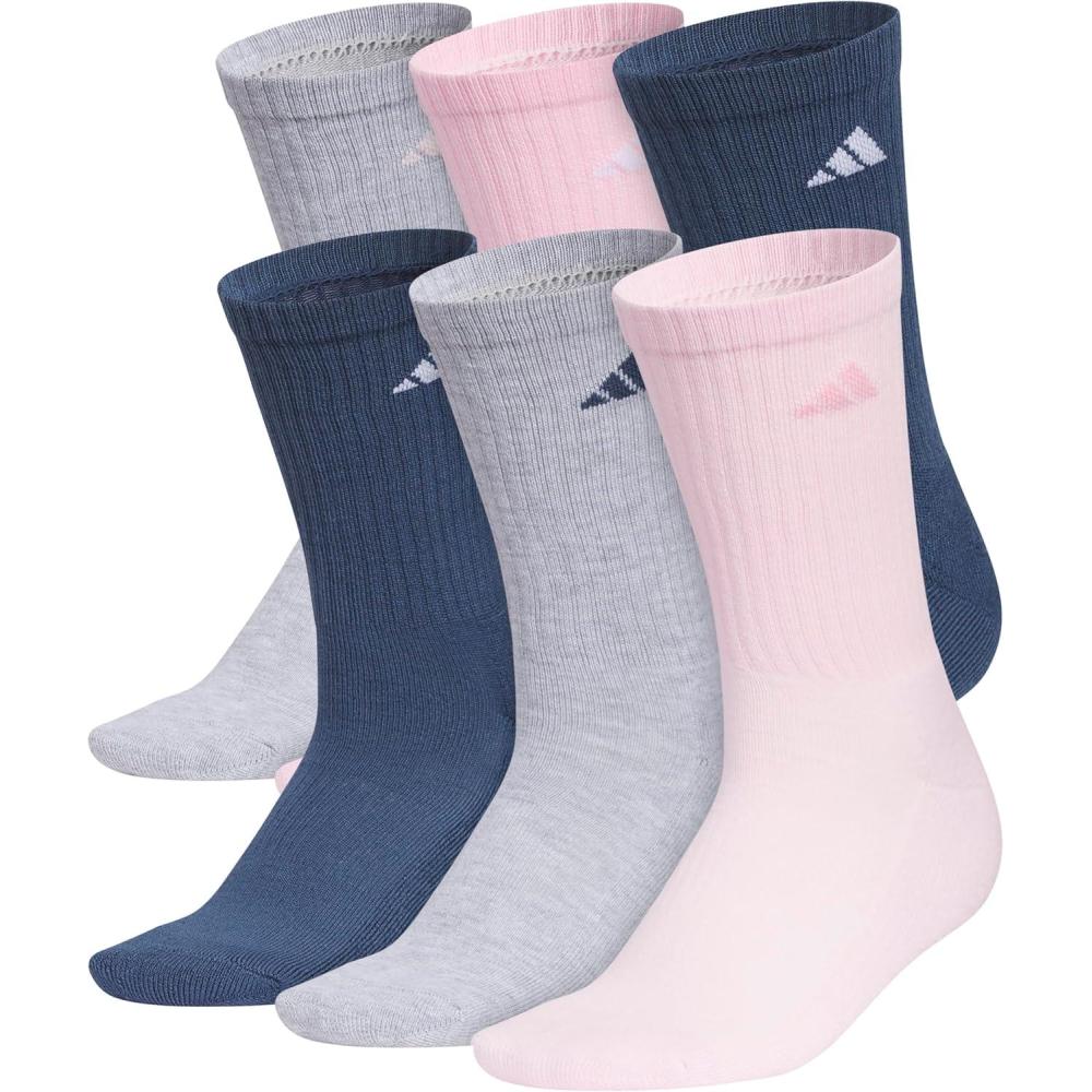 imageadidas Womens Athletic Cushioned Crew Socks with Arch Support 6Pack Durable MoistureWickingCool Light HeatherClear PinkDark Blue