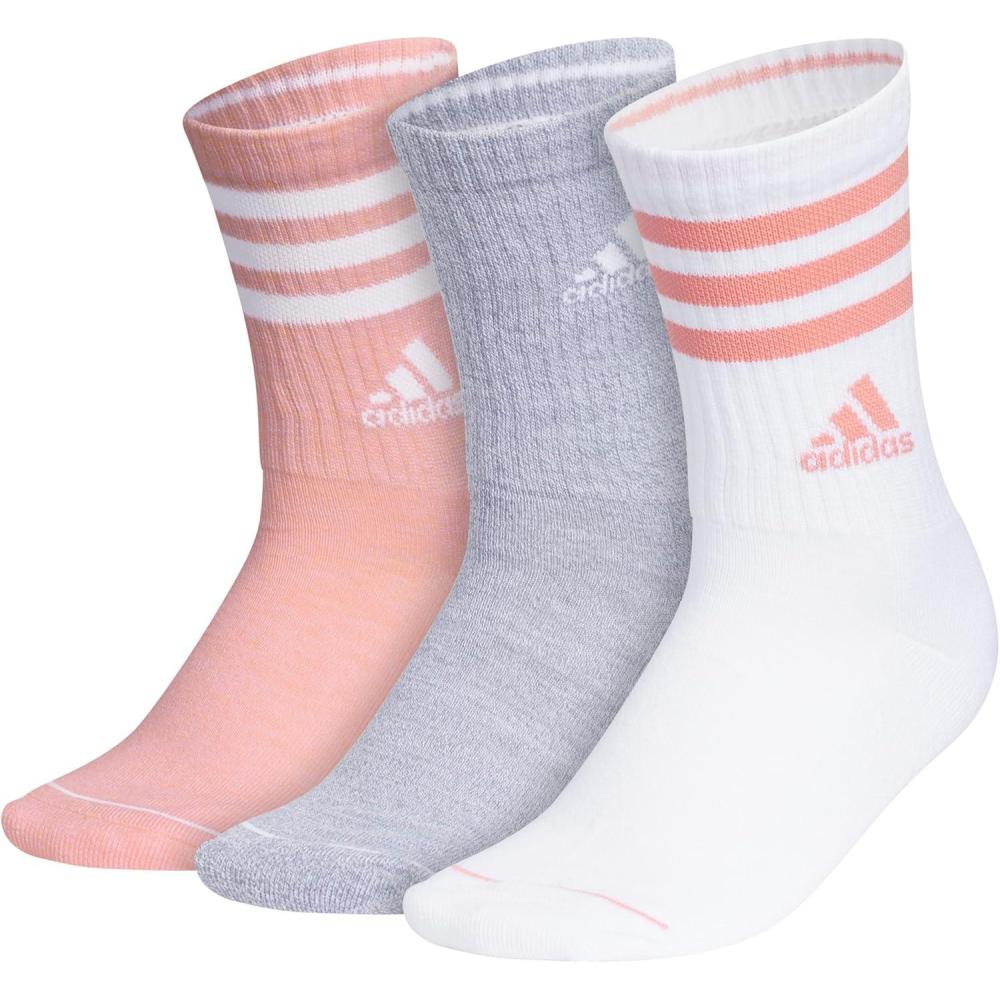imageadidas Womens Crew Socks with Arch Compression 3Pack Comfortable SweatWicking Stylish 3StripeSemi Pink SparkGreyWhite