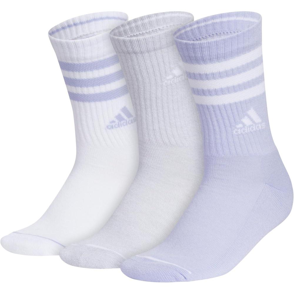 imageadidas Womens Crew Socks with Arch Compression 3Pack Comfortable SweatWicking Stylish 3StripeWhiteClear Onix GreyViolet Tone Purple