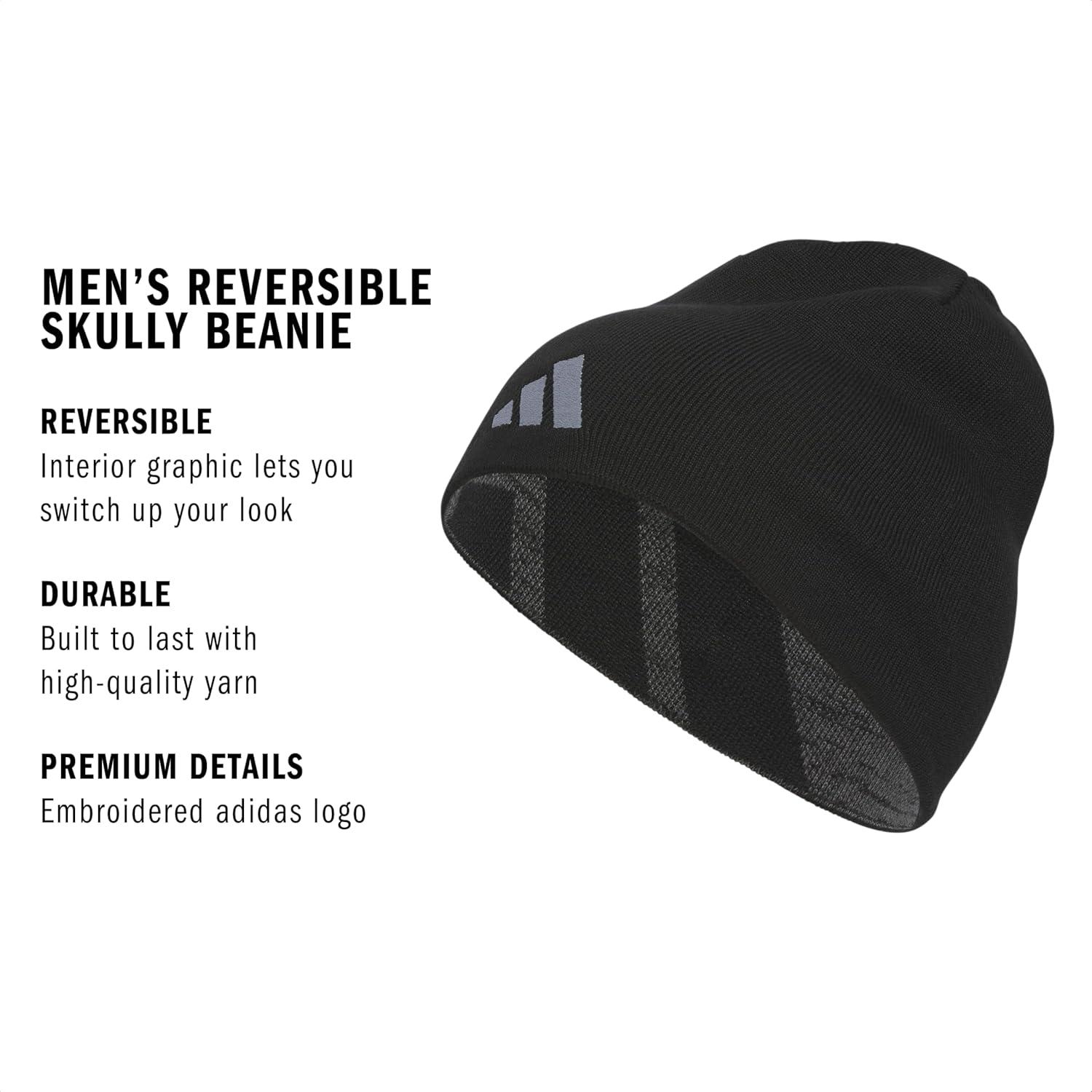 imageAdidas Mens Reversible Skully Beanie Standard Fit Winter Hat Skull CapBlackBlackgrey Six MarlGreySkully