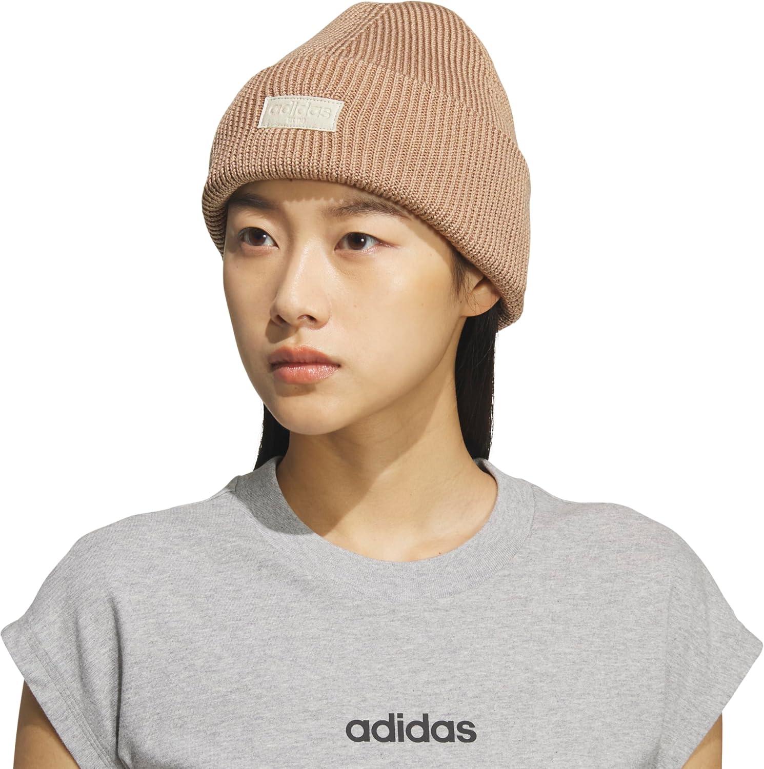 imageAdidas Womens Premium Cuffed Beanie Tall Fit Knit Winter HatWarm Sandstone BeigeCream White