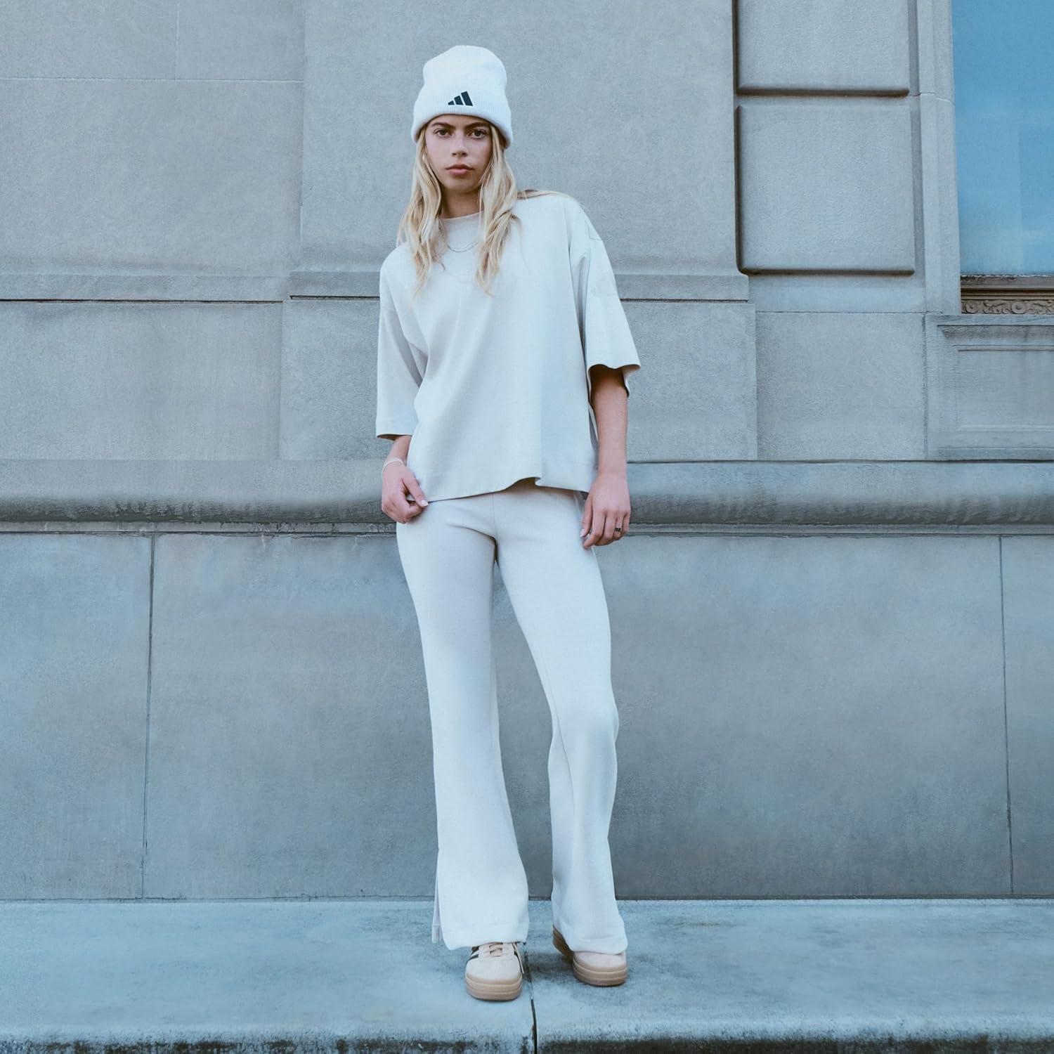 imageAdidas Womens Premium Cuffed Beanie Tall Fit Knit Winter HatWarm Sandstone BeigeCream White