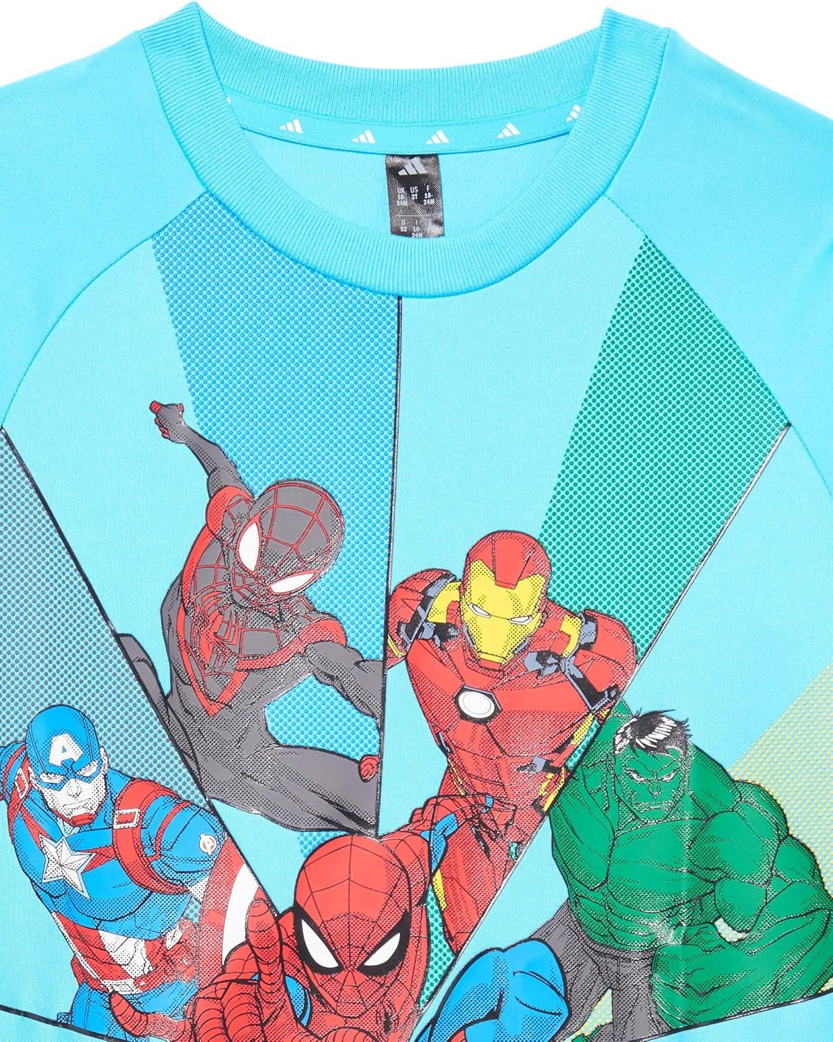 imageadidas Boys Marvel SpiderMan TShirtBright CyanWhiteMulticolor