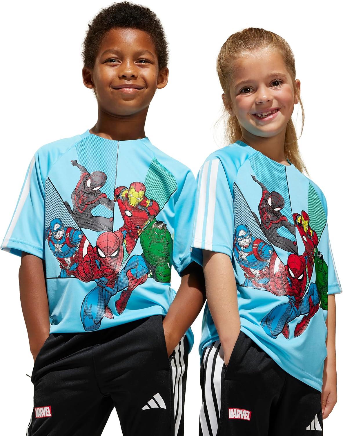 imageadidas Boys Marvel SpiderMan TShirtBright CyanWhiteMulticolor