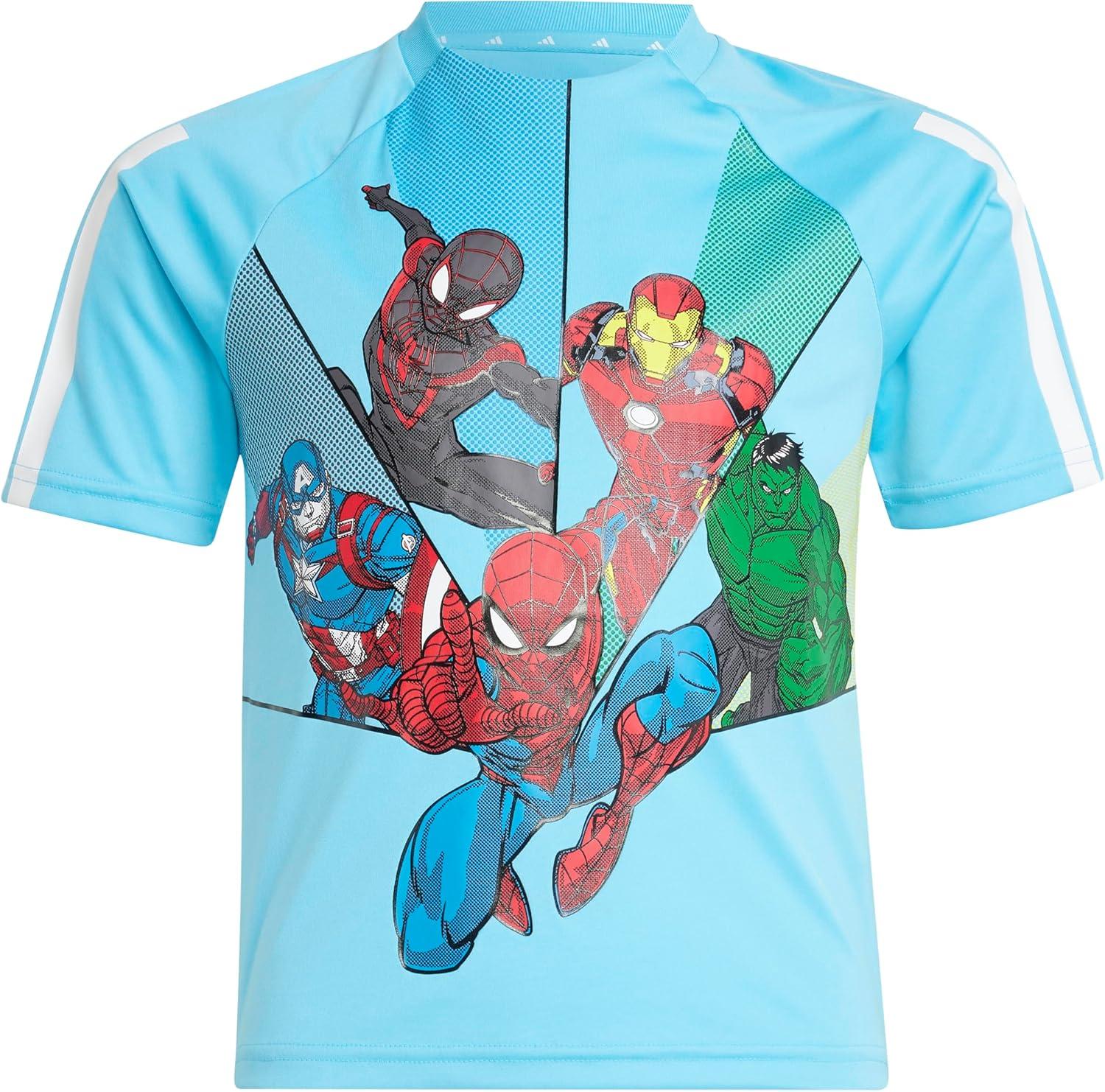 imageadidas Boys Marvel SpiderMan TShirtBright CyanWhiteMulticolor